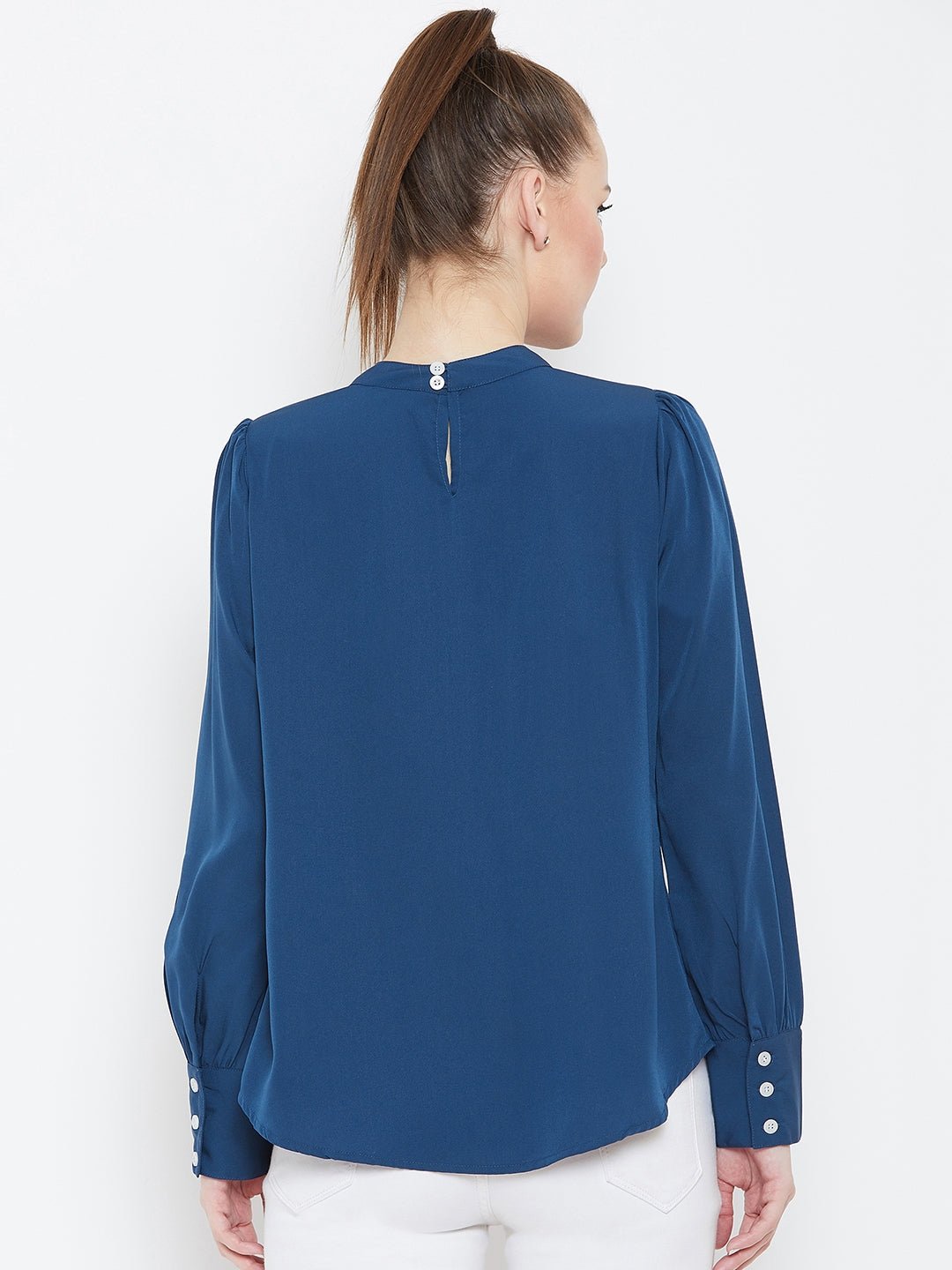 Folk Republic Women Solid Blue High Neck Cuffed Sleeves Crepe Regular Top - #folk republic#