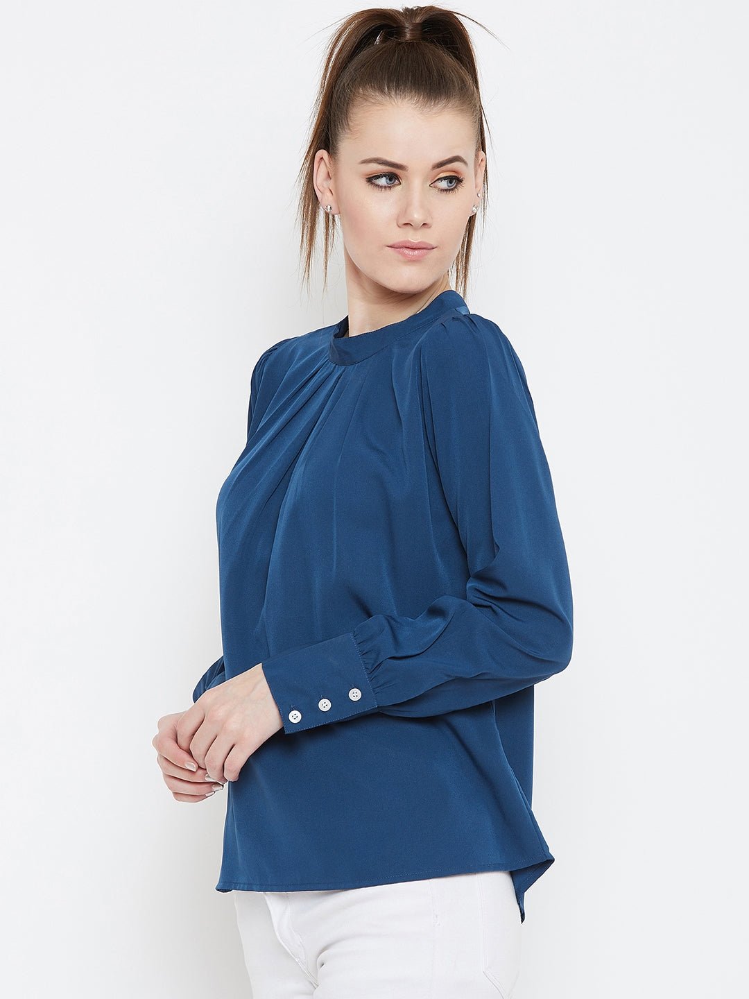 Folk Republic Women Solid Blue High Neck Cuffed Sleeves Crepe Regular Top - #folk republic#