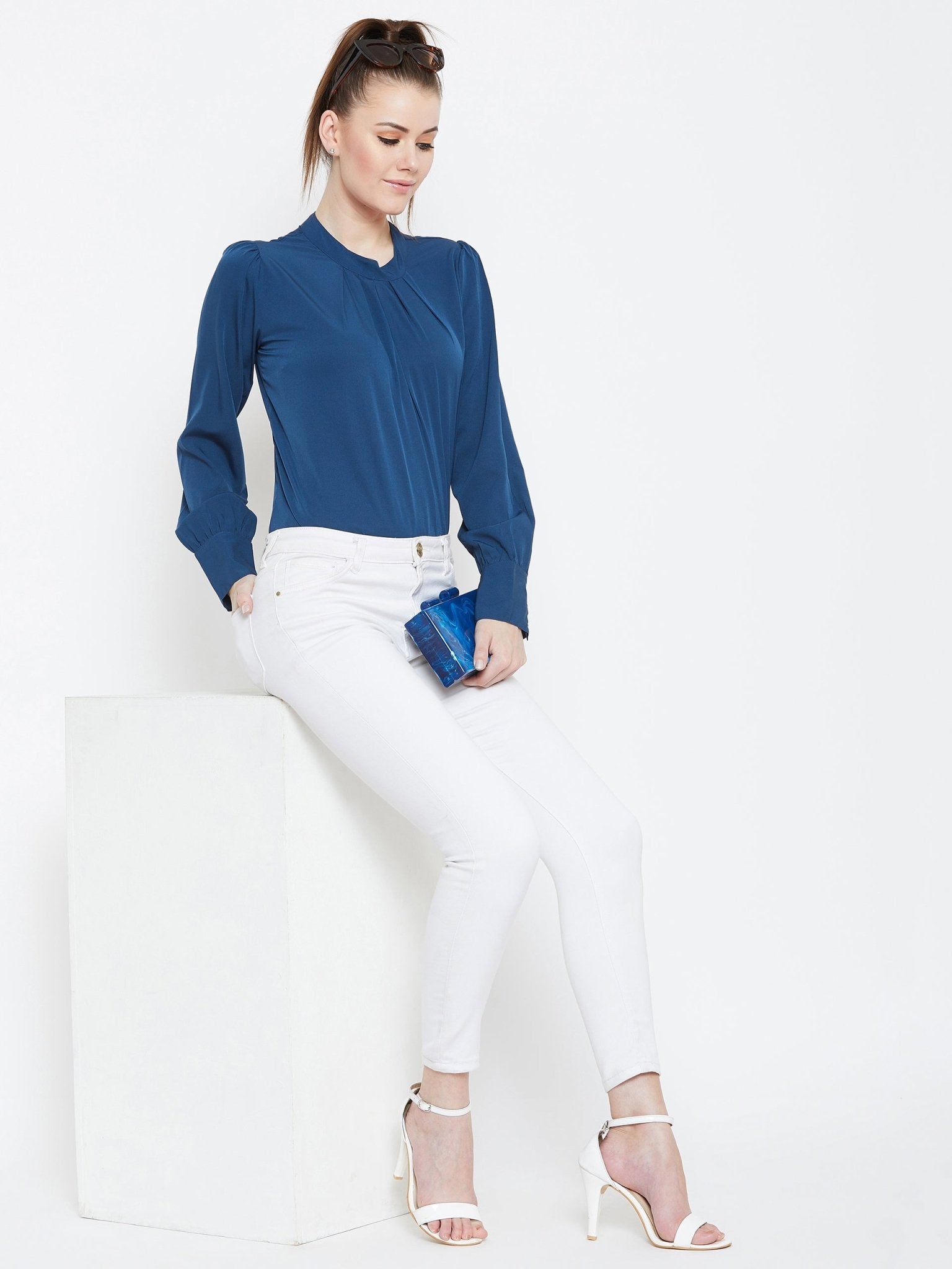 Folk Republic Women Solid Blue High Neck Cuffed Sleeves Crepe Regular Top - #folk republic#
