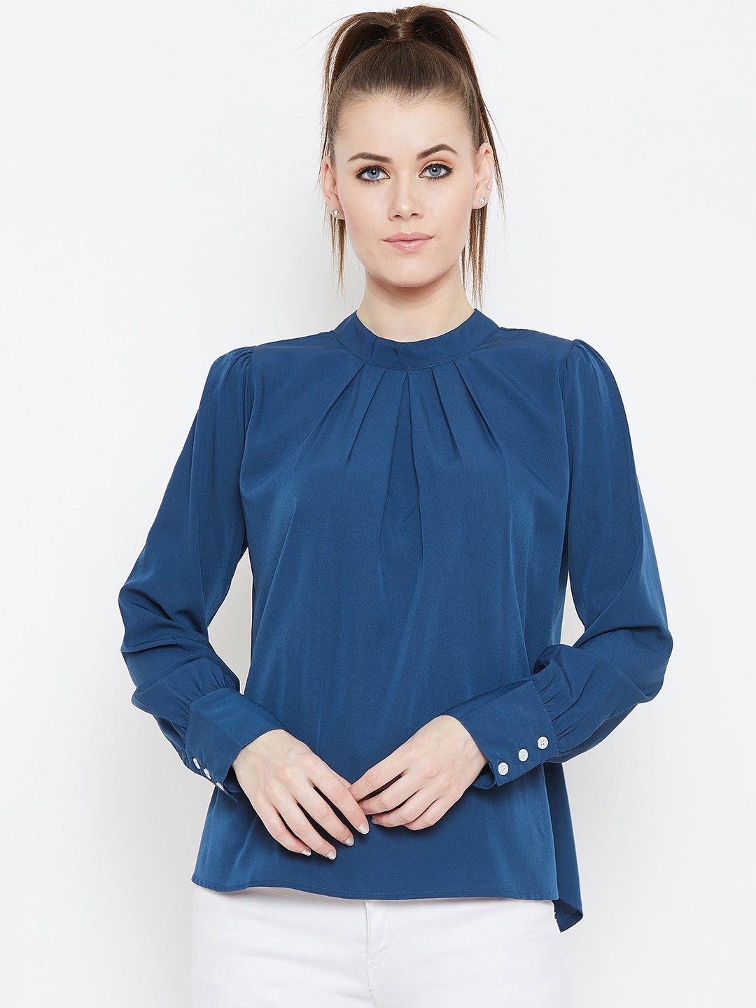 Folk Republic Women Solid Blue High Neck Cuffed Sleeves Crepe Regular Top - #folk republic#