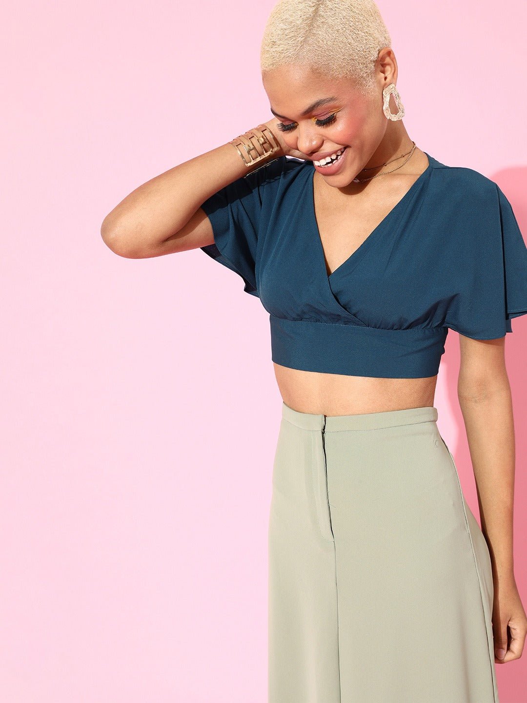 Folk Republic Women Solid Blue Keyhole Crepe Wrap Crop Top - #folk republic#