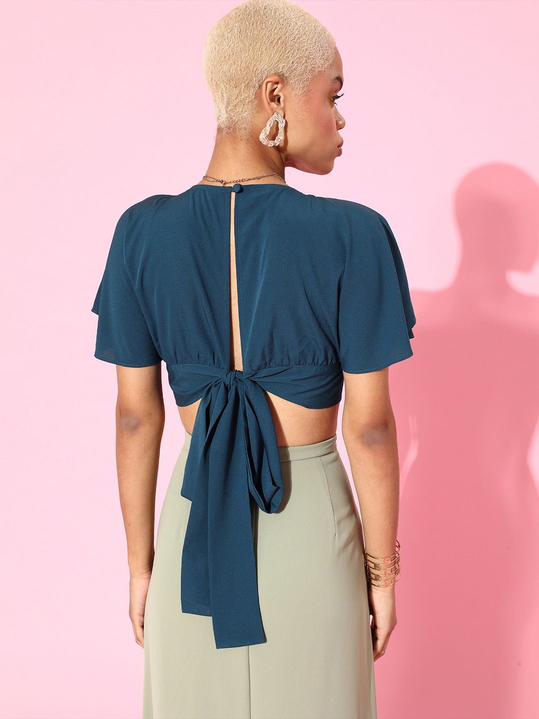 Folk Republic Women Solid Blue Keyhole Crepe Wrap Crop Top - #folk republic#