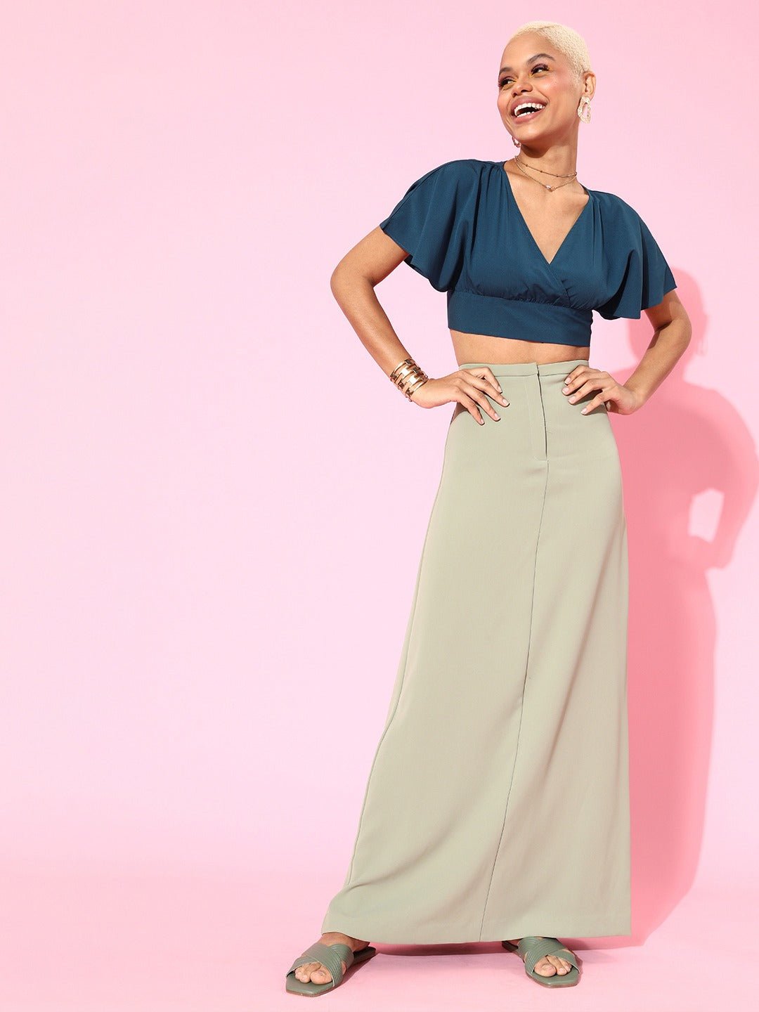 Folk Republic Women Solid Blue Keyhole Crepe Wrap Crop Top - #folk republic#