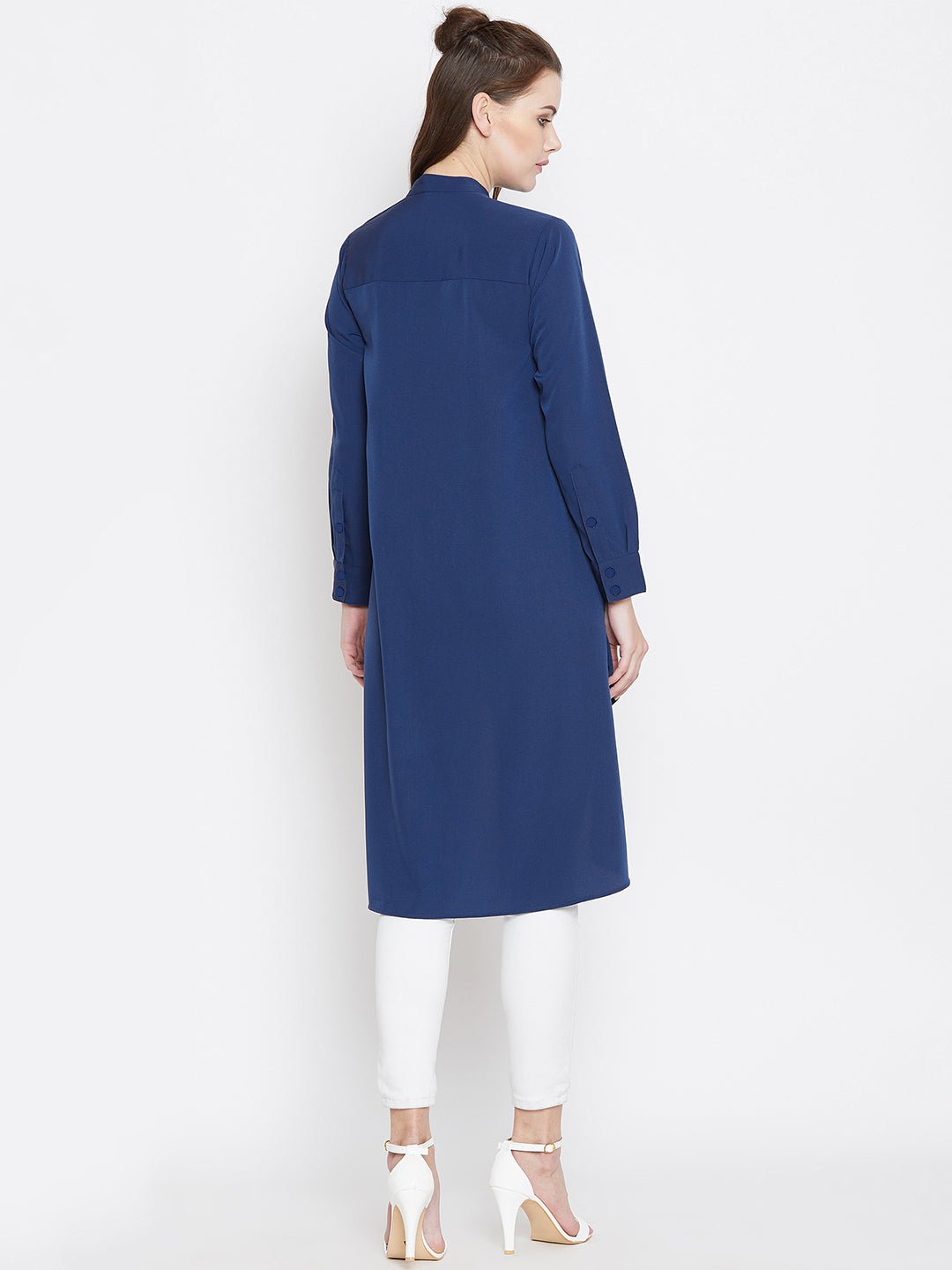 Folk Republic Women Solid Blue Mandarin Collar High-Low Longline Top - #folk republic#