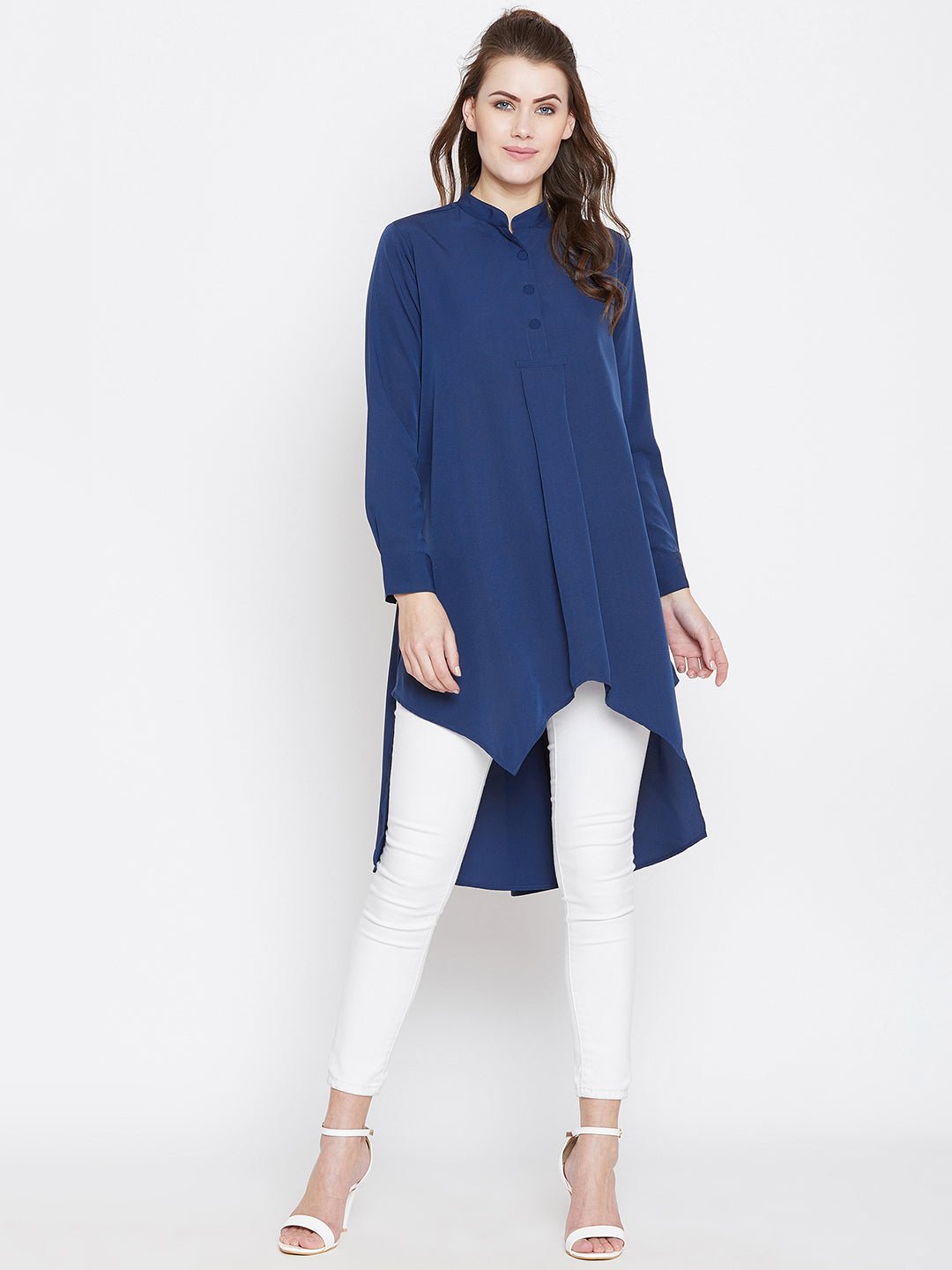 Folk Republic Women Solid Blue Mandarin Collar High-Low Longline Top - #folk republic#