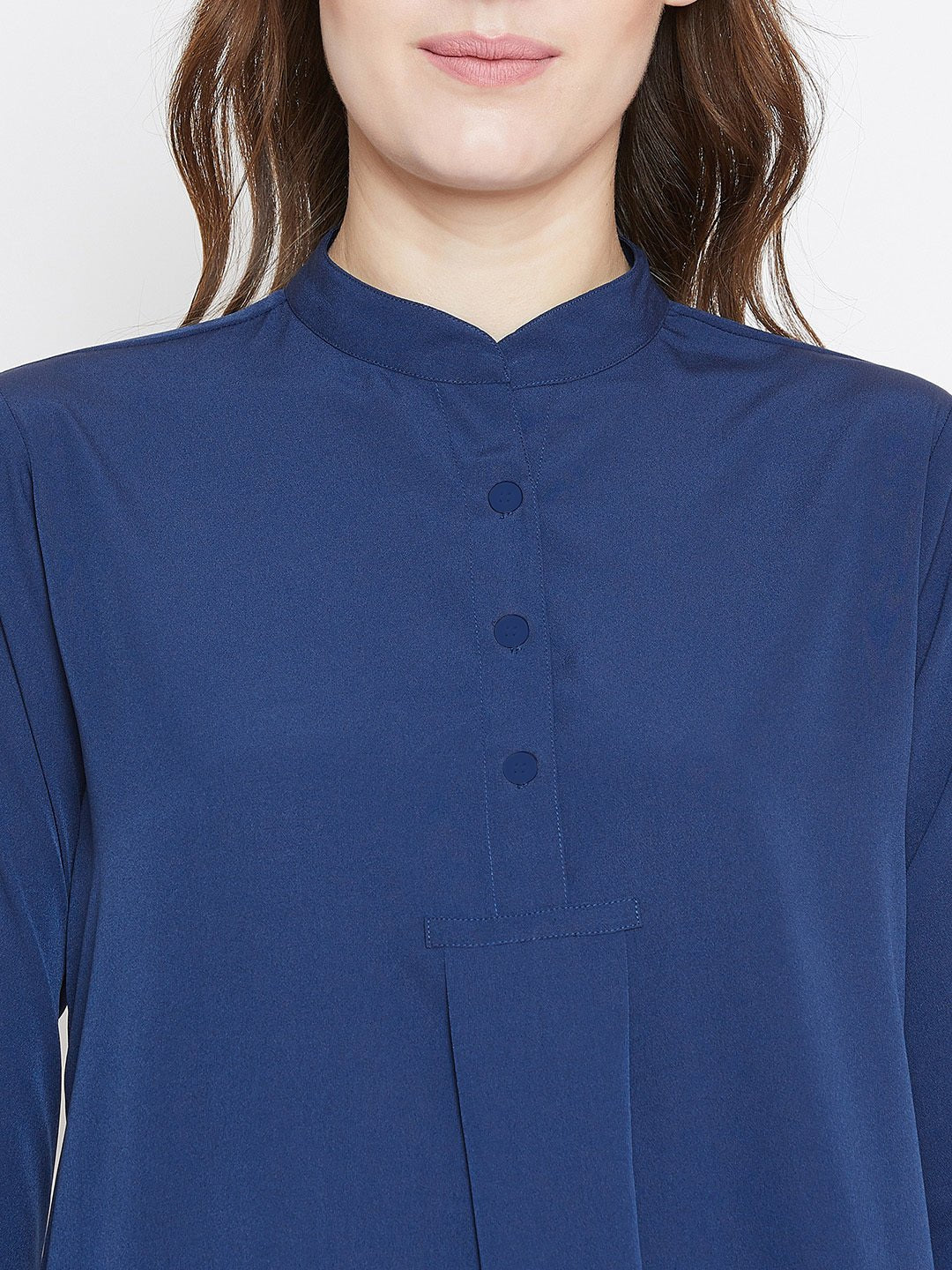 Folk Republic Women Solid Blue Mandarin Collar High-Low Longline Top - #folk republic#