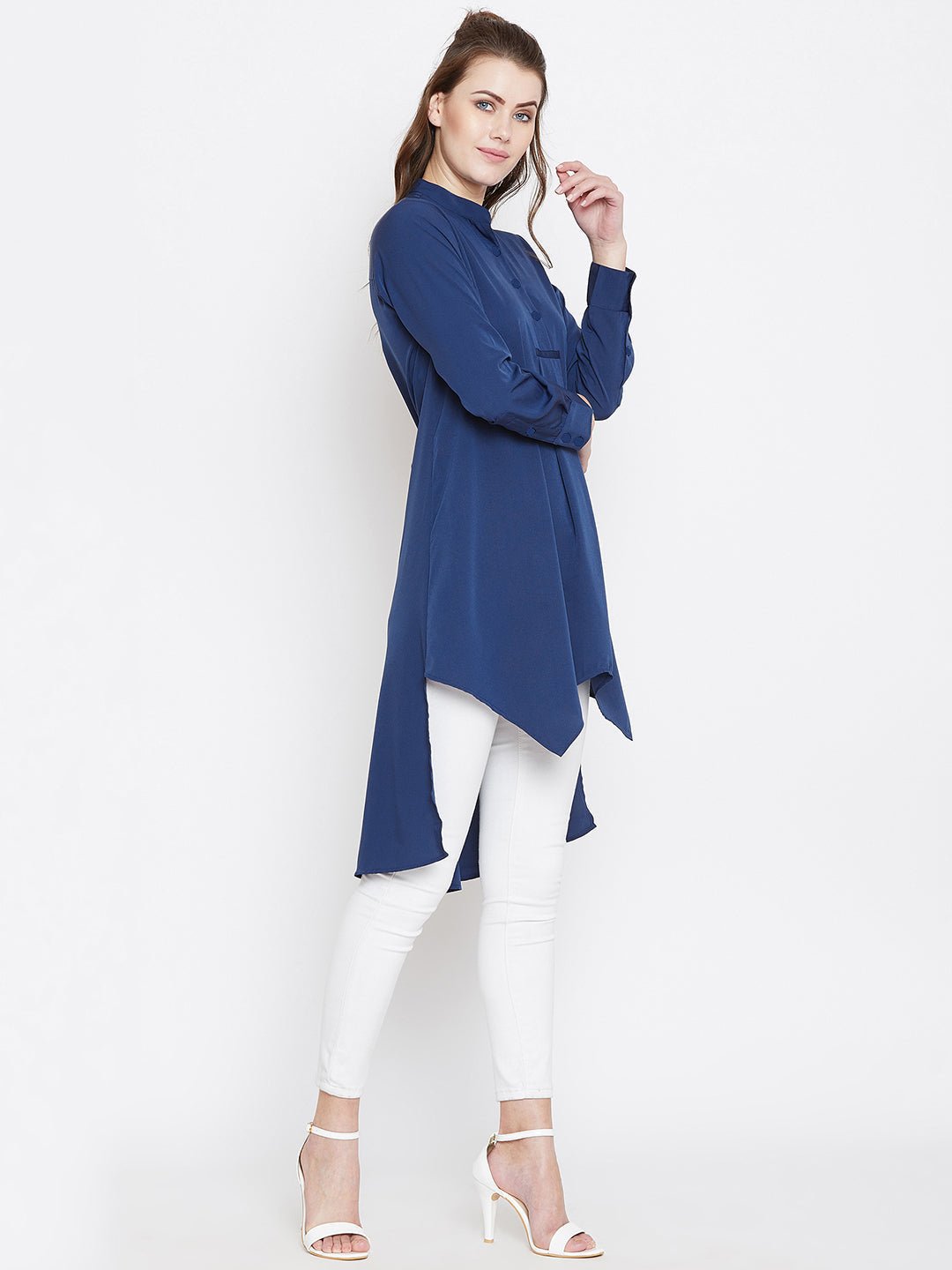 Folk Republic Women Solid Blue Mandarin Collar High-Low Longline Top - #folk republic#