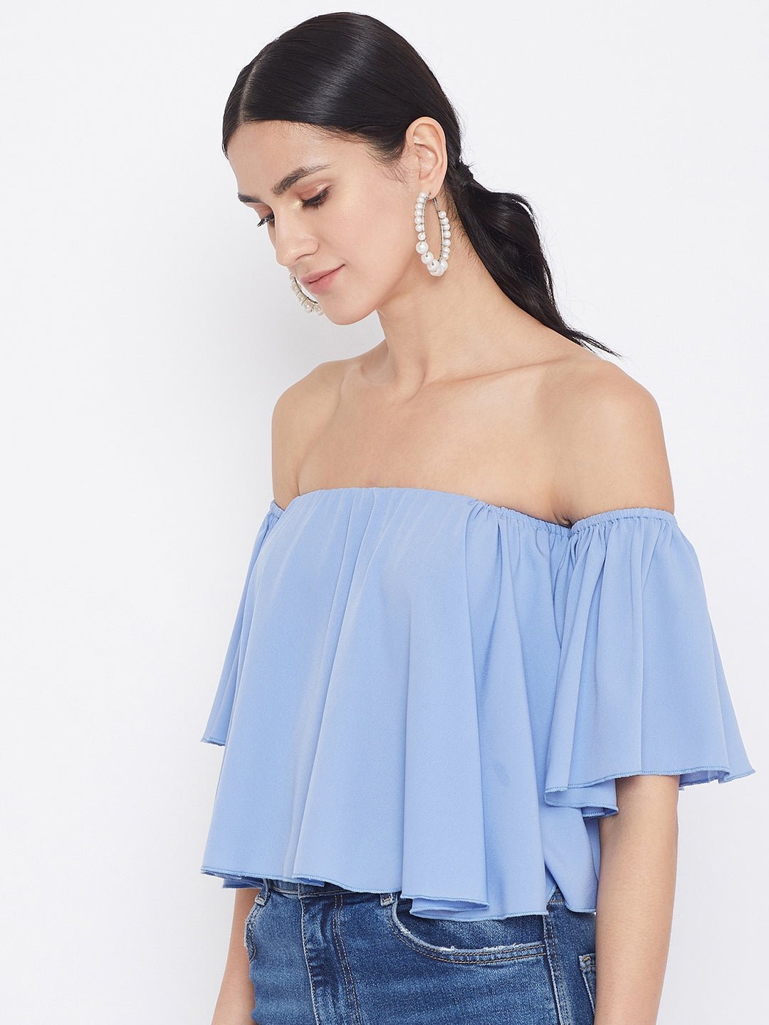 Folk Republic Women Solid Blue Off Shoulder Bardot Top - #folk republic#