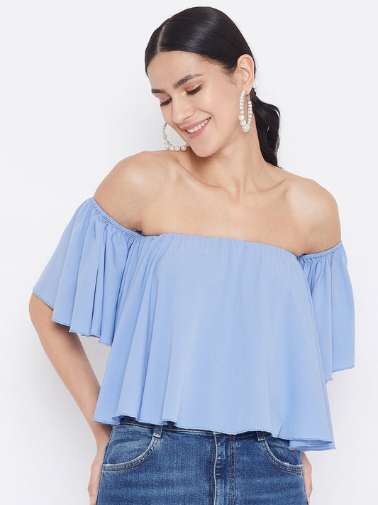 Folk Republic Women Solid Blue Off Shoulder Bardot Top - #folk republic#