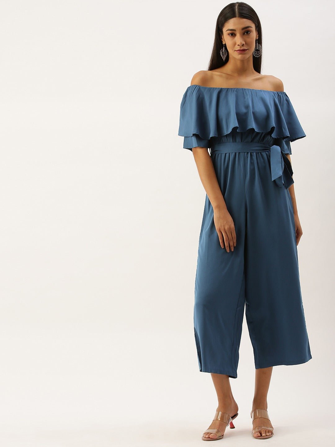 Folk Republic Women Solid Blue Off Shoulder Culotte Jumpsuit - #folk republic#