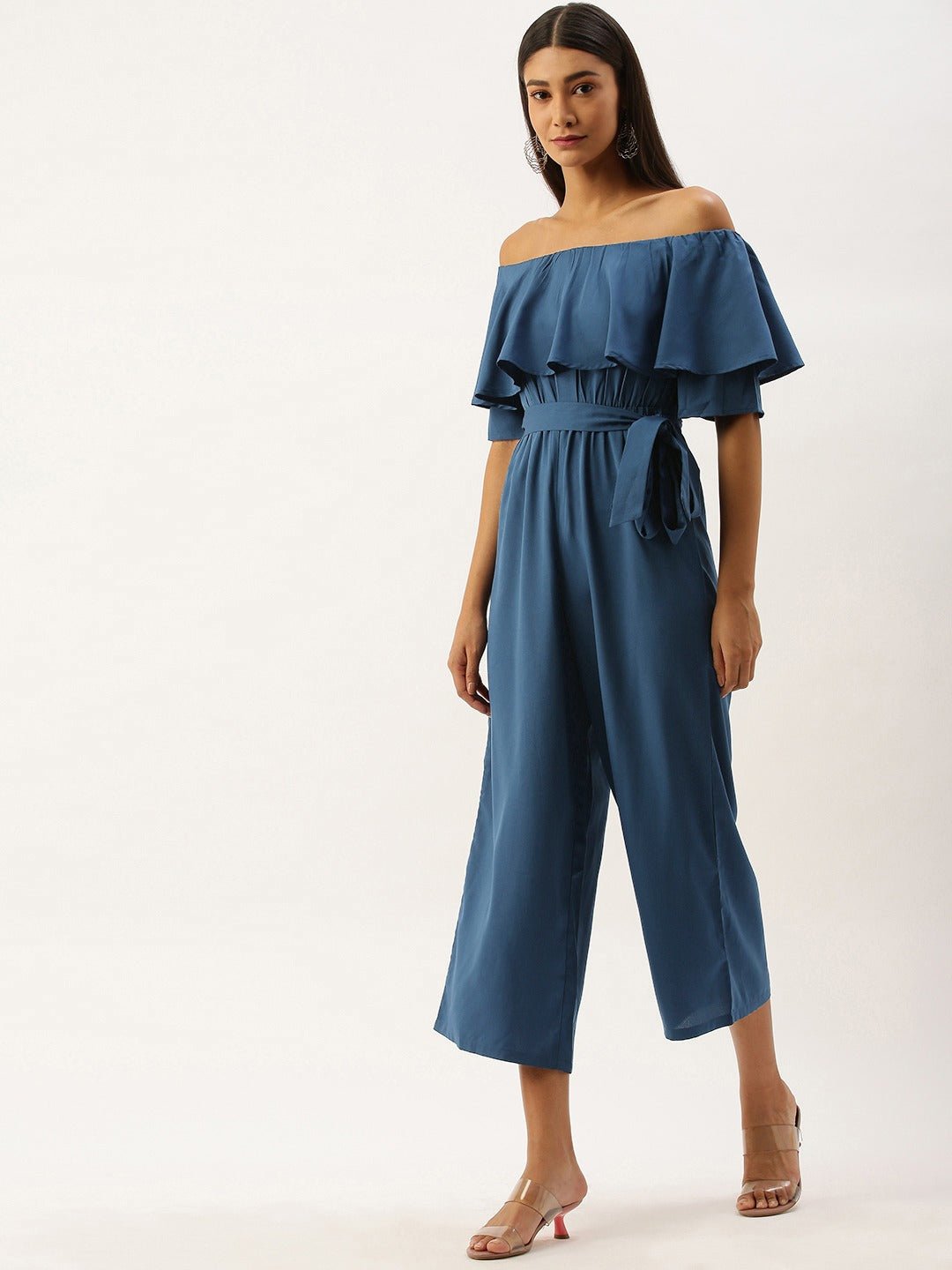 Folk Republic Women Solid Blue Off Shoulder Culotte Jumpsuit - #folk republic#