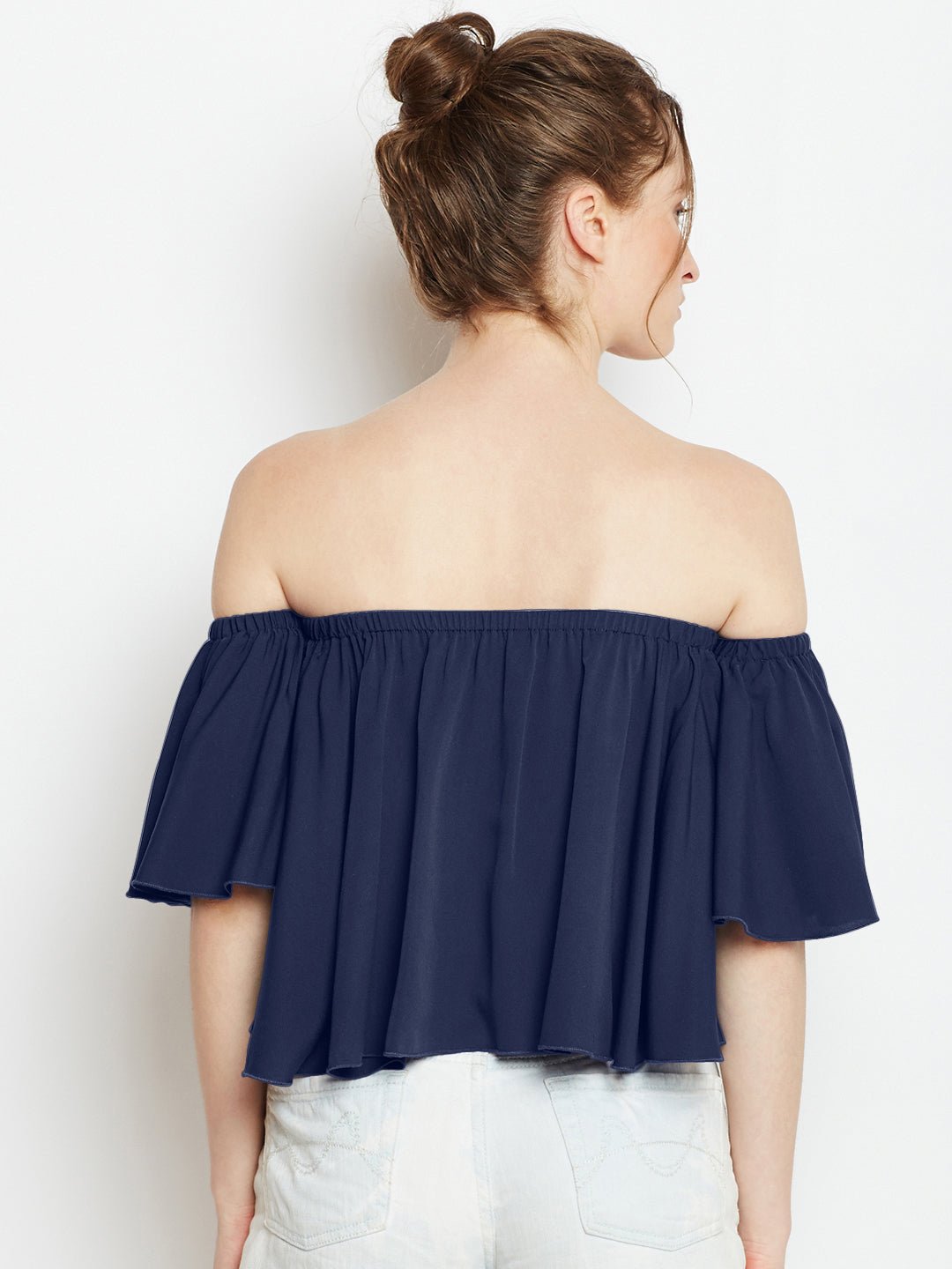 Folk Republic Women Solid Blue Off-Shoulder Neck Ruffled Crop Bardot Top - #folk republic#