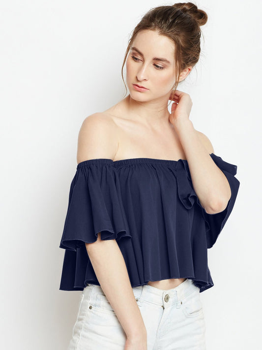 Folk Republic Women Solid Blue Off-Shoulder Neck Ruffled Crop Bardot Top - #folk republic#