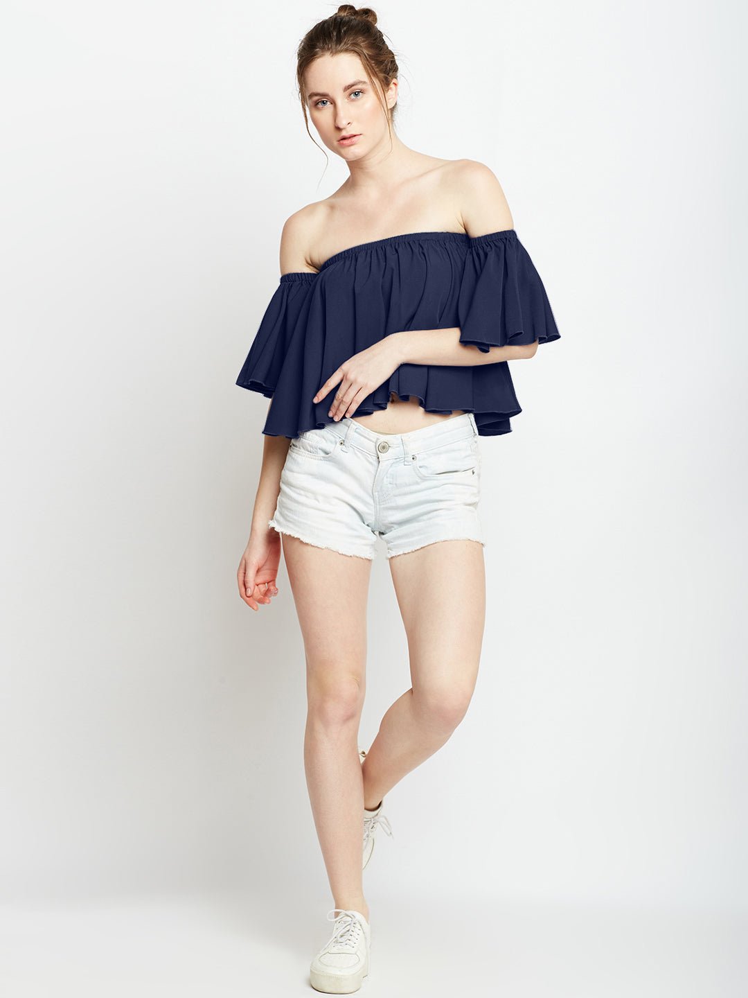 Folk Republic Women Solid Blue Off-Shoulder Neck Ruffled Crop Bardot Top - #folk republic#
