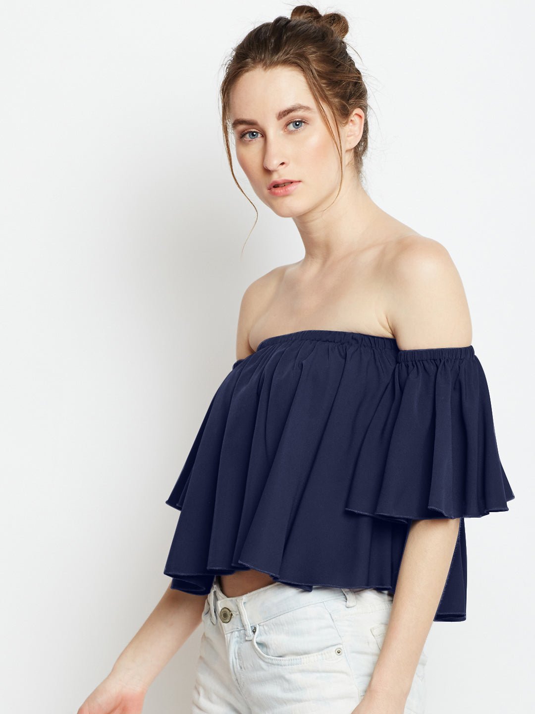 Folk Republic Women Solid Blue Off-Shoulder Neck Ruffled Crop Bardot Top - #folk republic#