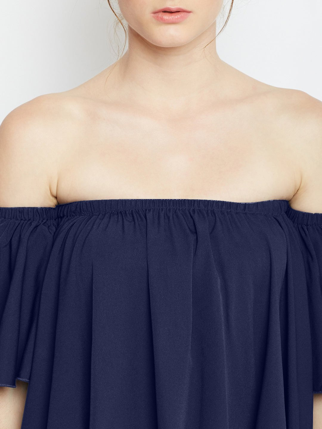 Folk Republic Women Solid Blue Off-Shoulder Neck Ruffled Crop Bardot Top - #folk republic#