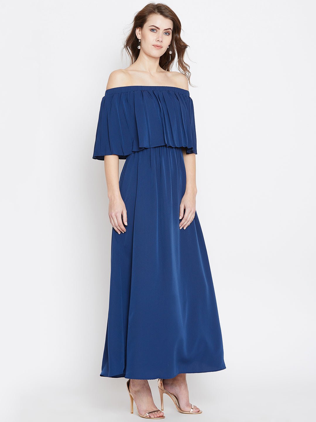 Folk Republic Women Solid Blue Off-Shoulder Neck Three-Quarter Sleeve Crepe Flared Maxi Dress - #folk republic#