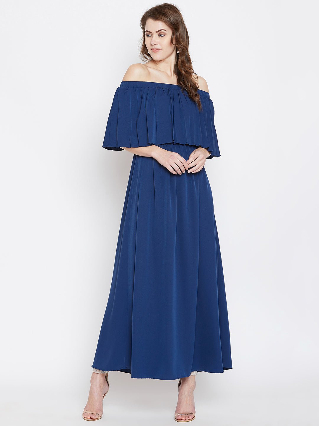 Folk Republic Women Solid Blue Off-Shoulder Neck Three-Quarter Sleeve Crepe Flared Maxi Dress - #folk republic#