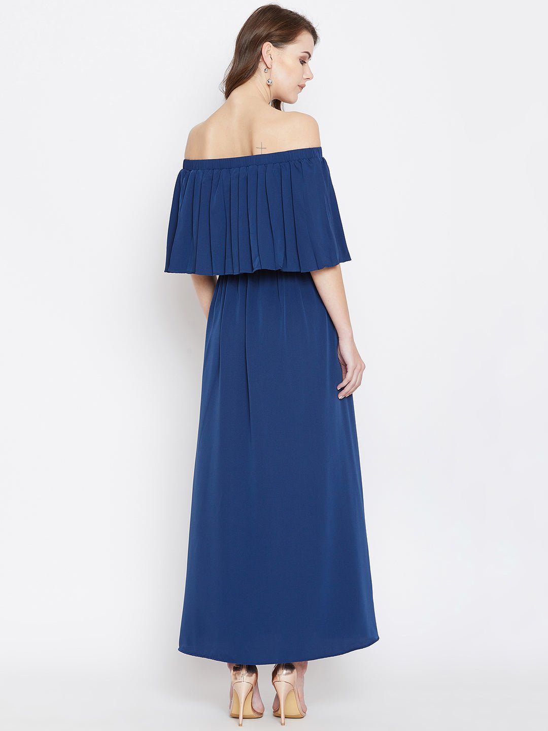 Folk Republic Women Solid Blue Off-Shoulder Neck Three-Quarter Sleeve Crepe Flared Maxi Dress - #folk republic#