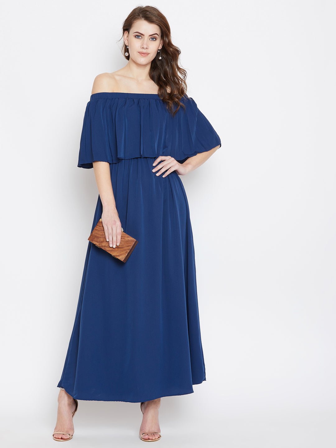 Folk Republic Women Solid Blue Off-Shoulder Neck Three-Quarter Sleeve Crepe Flared Maxi Dress - #folk republic#