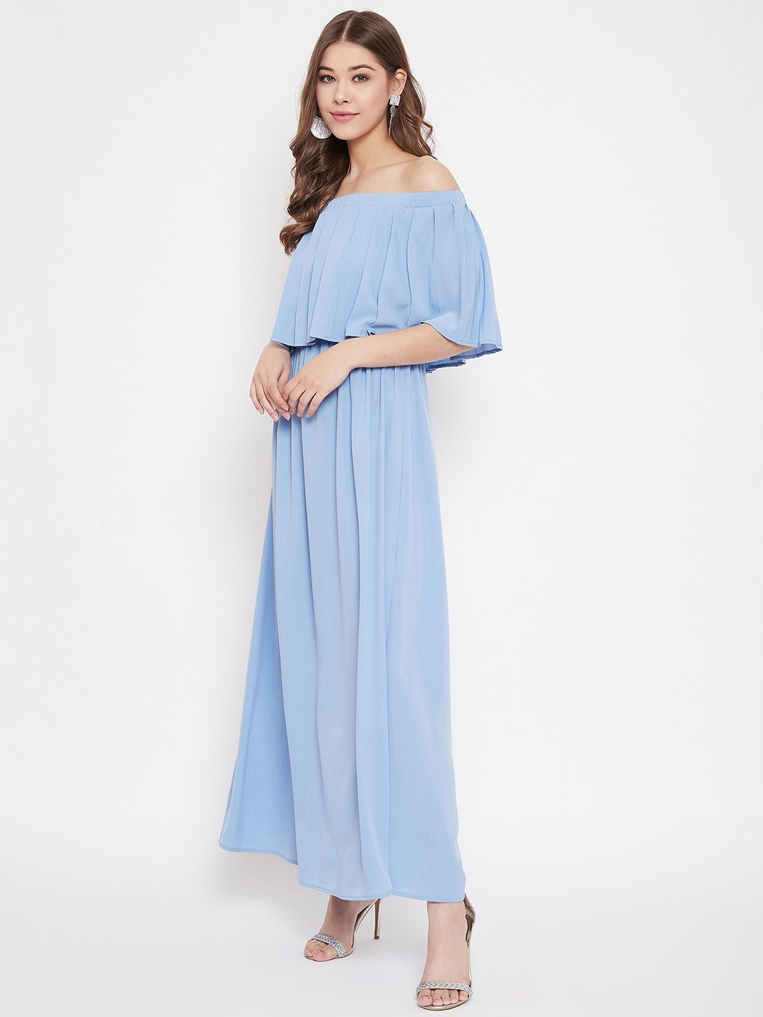 Folk Republic Women Solid Blue Off-Shoulder Neck Three-Quarter Sleeve Pleated Maxi Dress - #folk republic#