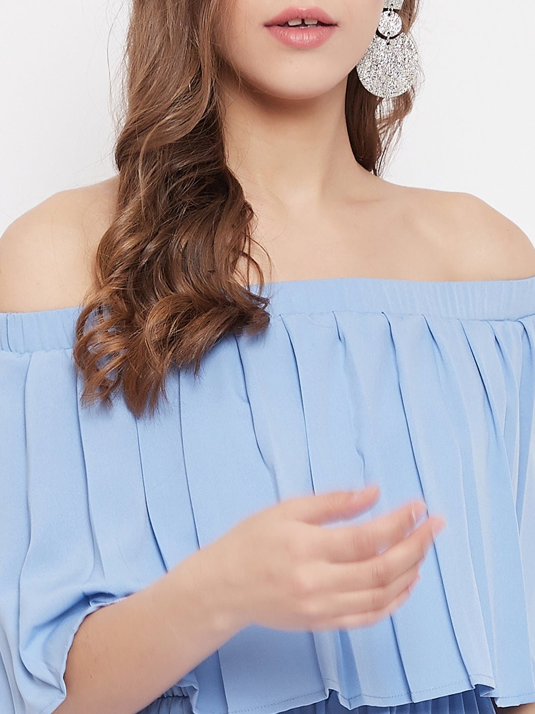 Folk Republic Women Solid Blue Off-Shoulder Neck Three-Quarter Sleeve Pleated Maxi Dress - #folk republic#
