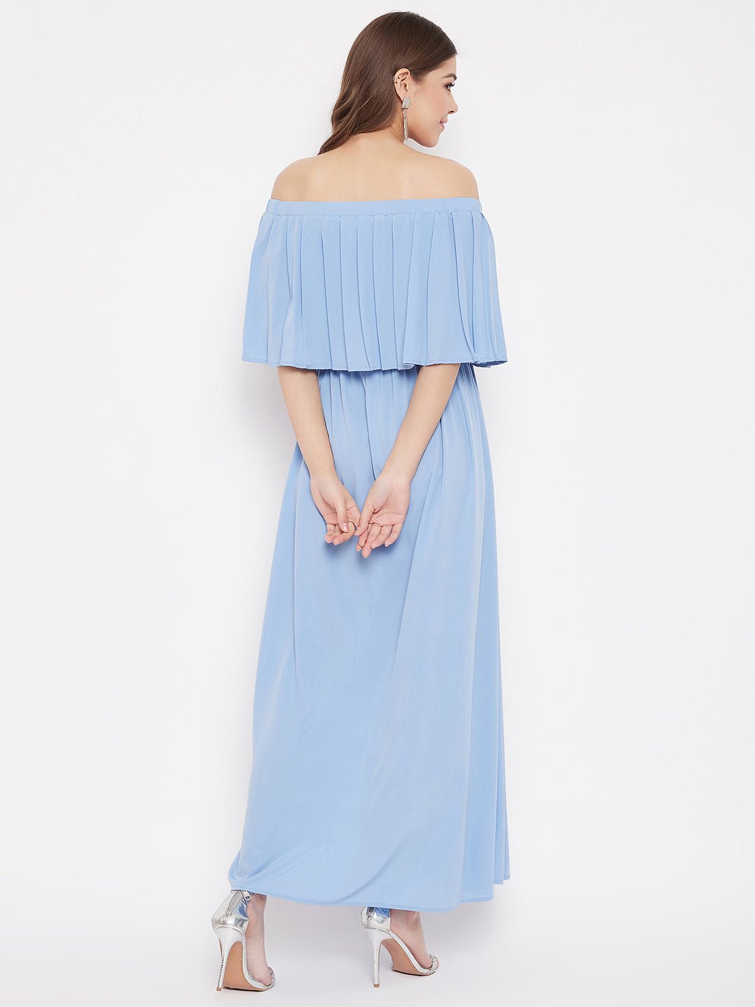 Folk Republic Women Solid Blue Off-Shoulder Neck Three-Quarter Sleeve Pleated Maxi Dress - #folk republic#