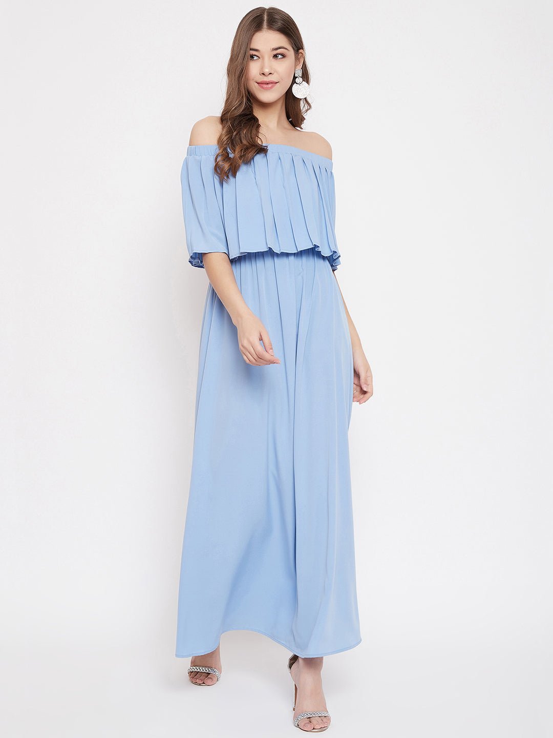 Folk Republic Women Solid Blue Off-Shoulder Neck Three-Quarter Sleeve Pleated Maxi Dress - #folk republic#