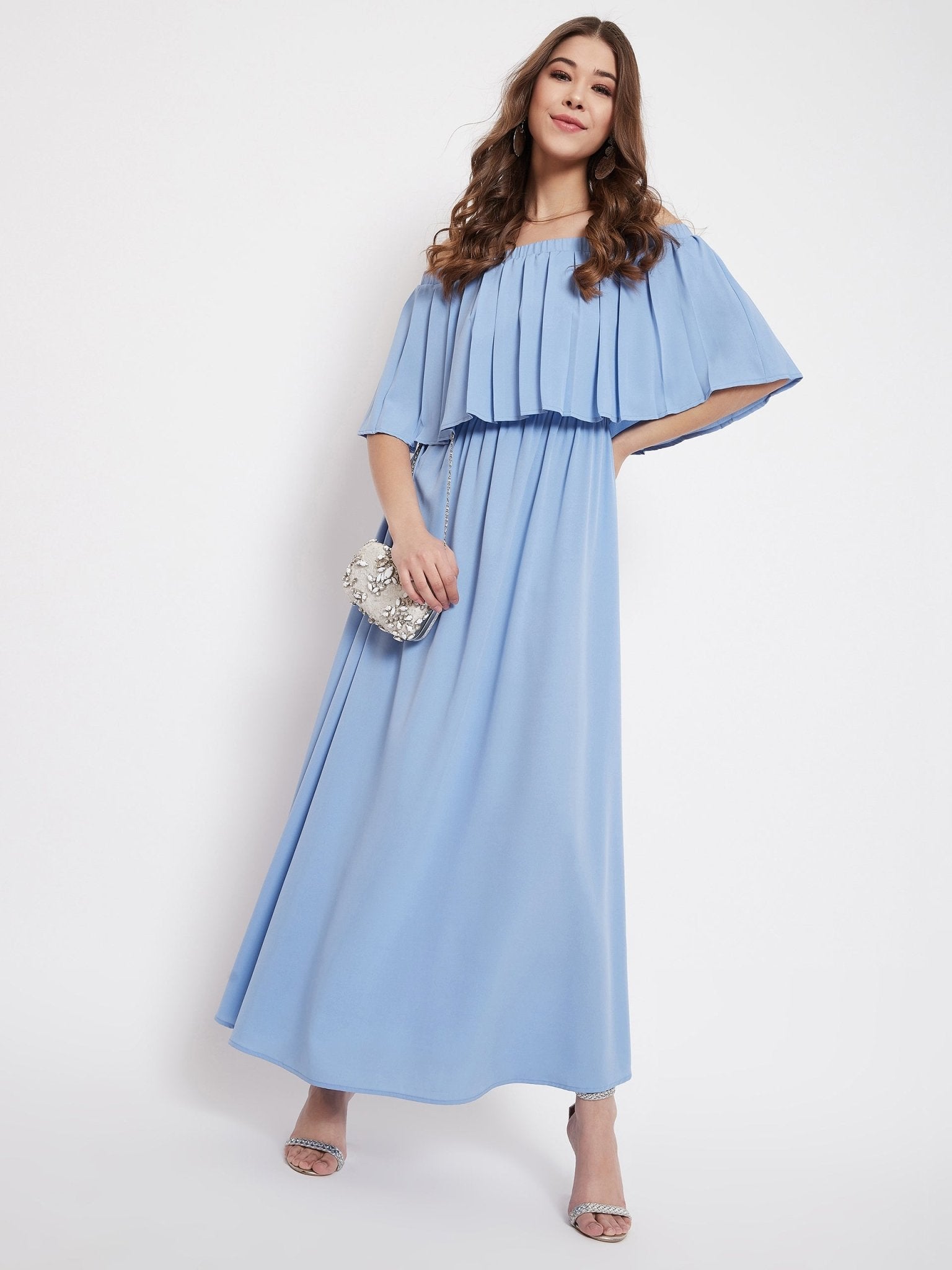 Folk Republic Women Solid Blue Off-Shoulder Neck Three-Quarter Sleeve Pleated Maxi Dress - #folk republic#
