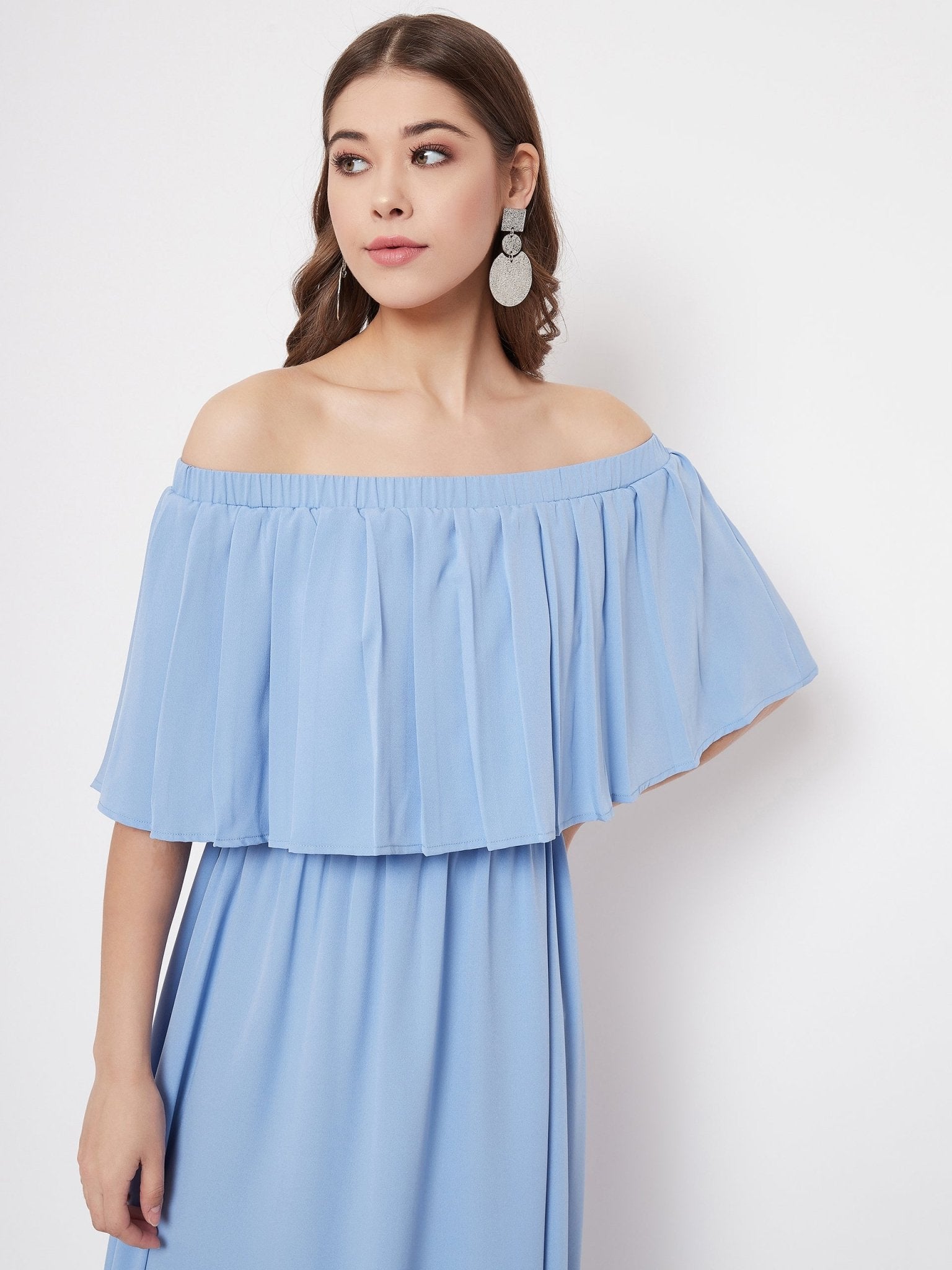 Folk Republic Women Solid Blue Off-Shoulder Neck Three-Quarter Sleeve Pleated Maxi Dress - #folk republic#