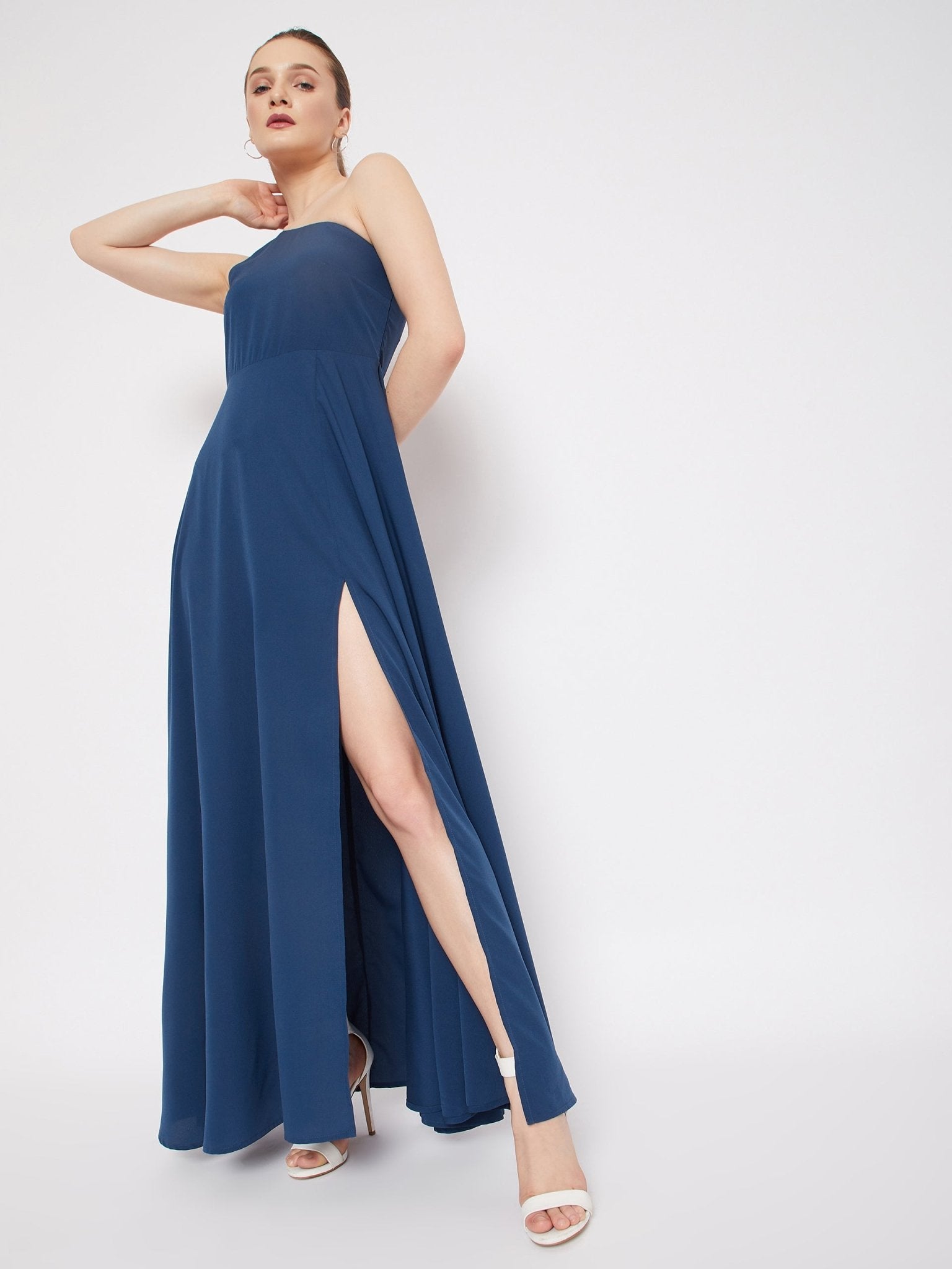 Folk Republic Women Solid Blue One-Shoulder Neck Thigh-High Slit Flared Maxi Dress - #folk republic#