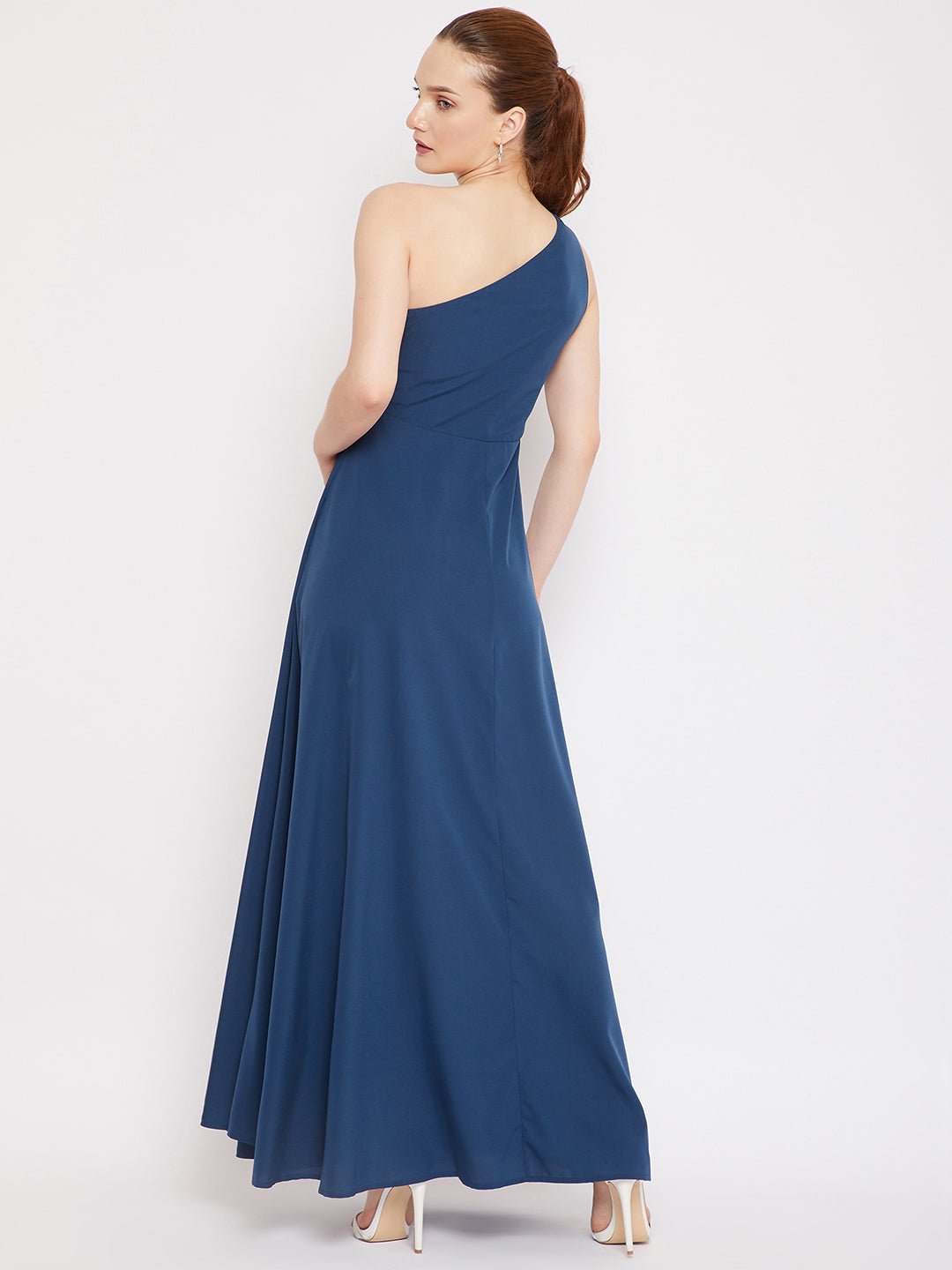 Folk Republic Women Solid Blue One-Shoulder Neck Thigh-High Slit Flared Maxi Dress - #folk republic#