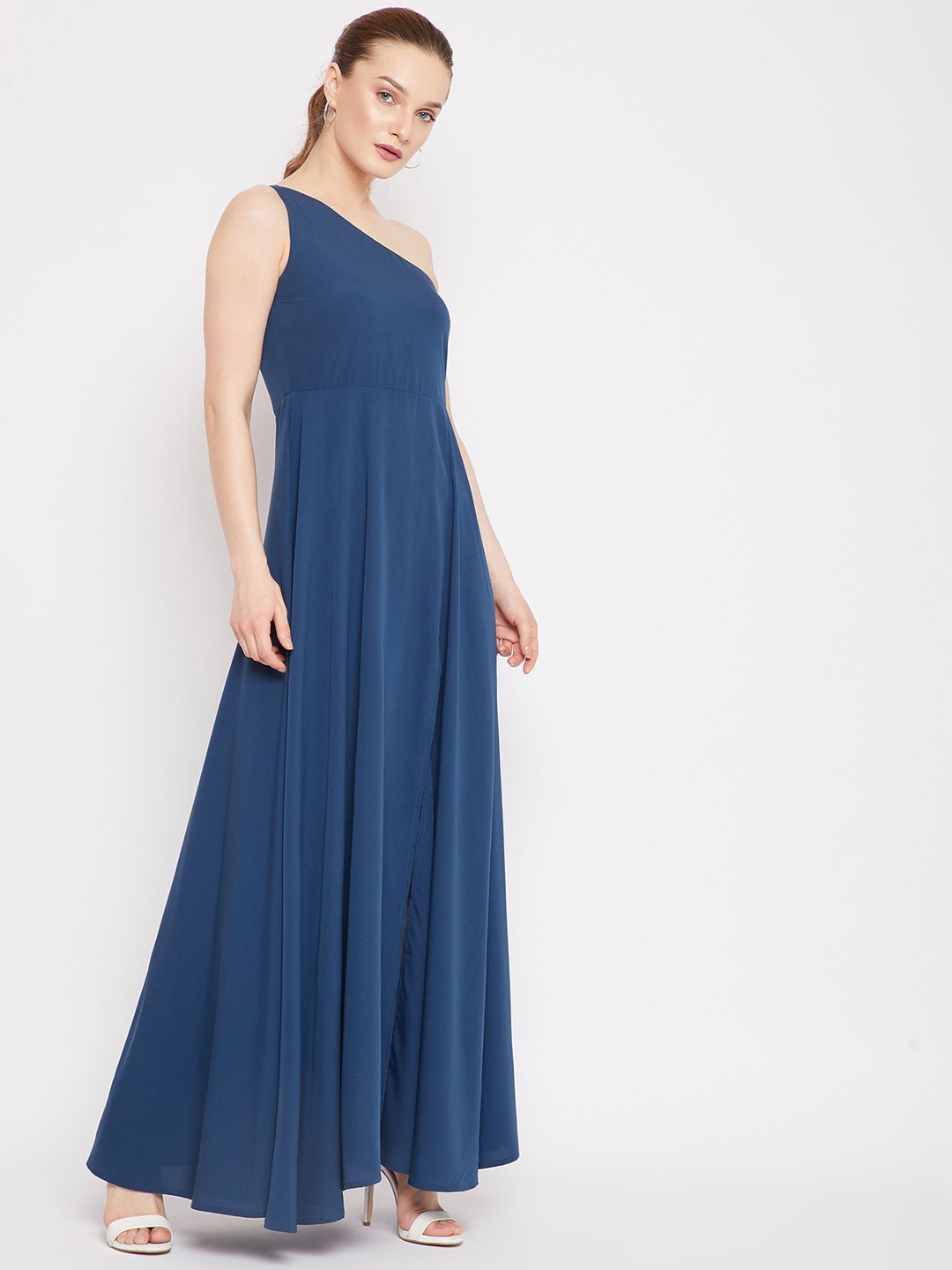 Folk Republic Women Solid Blue One-Shoulder Neck Thigh-High Slit Flared Maxi Dress - #folk republic#