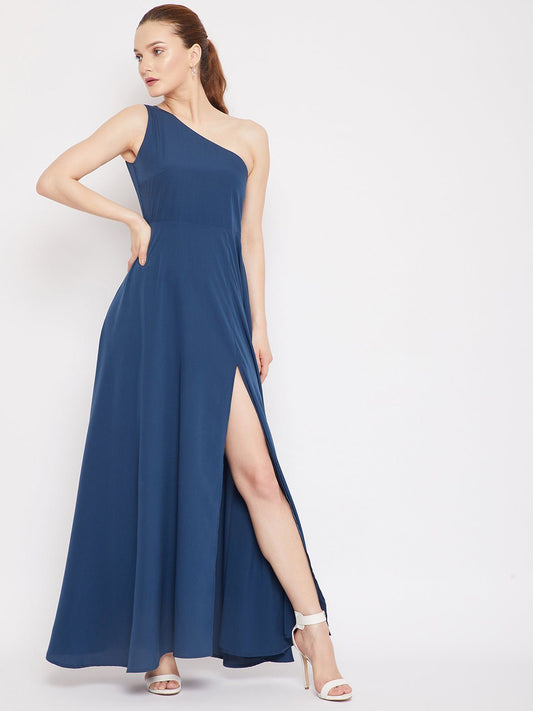 Folk Republic Women Solid Blue One-Shoulder Neck Thigh-High Slit Flared Maxi Dress - #folk republic#