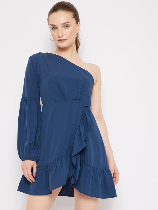 Folk Republic Women Solid Blue One-Shoulder Neck Tulip Hem Fit & Flare Mini Dress - #folk republic#