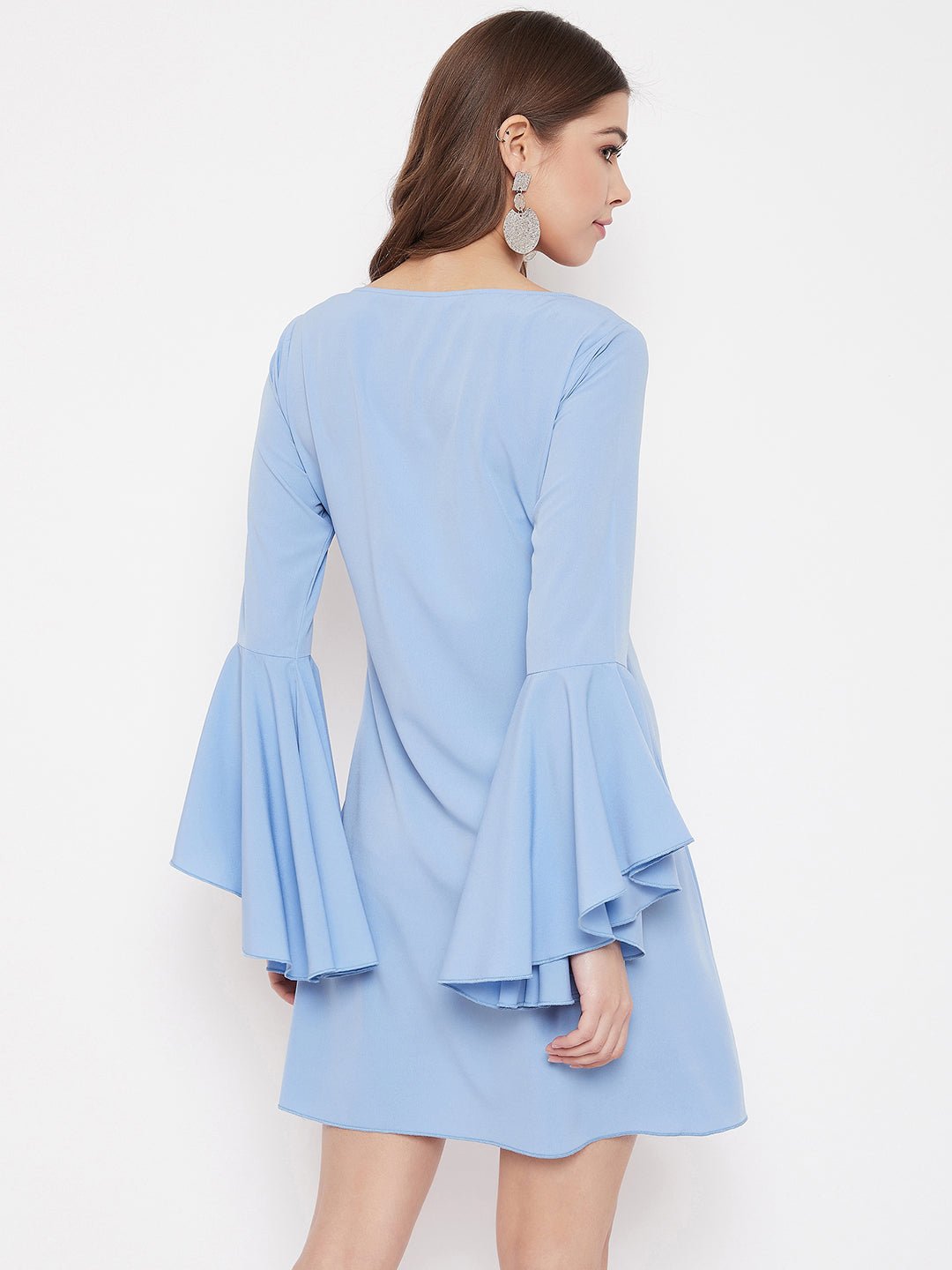 Folk Republic Women Solid Blue Round Neck Bell Sleeve A-Line Mini Dress - #folk republic#