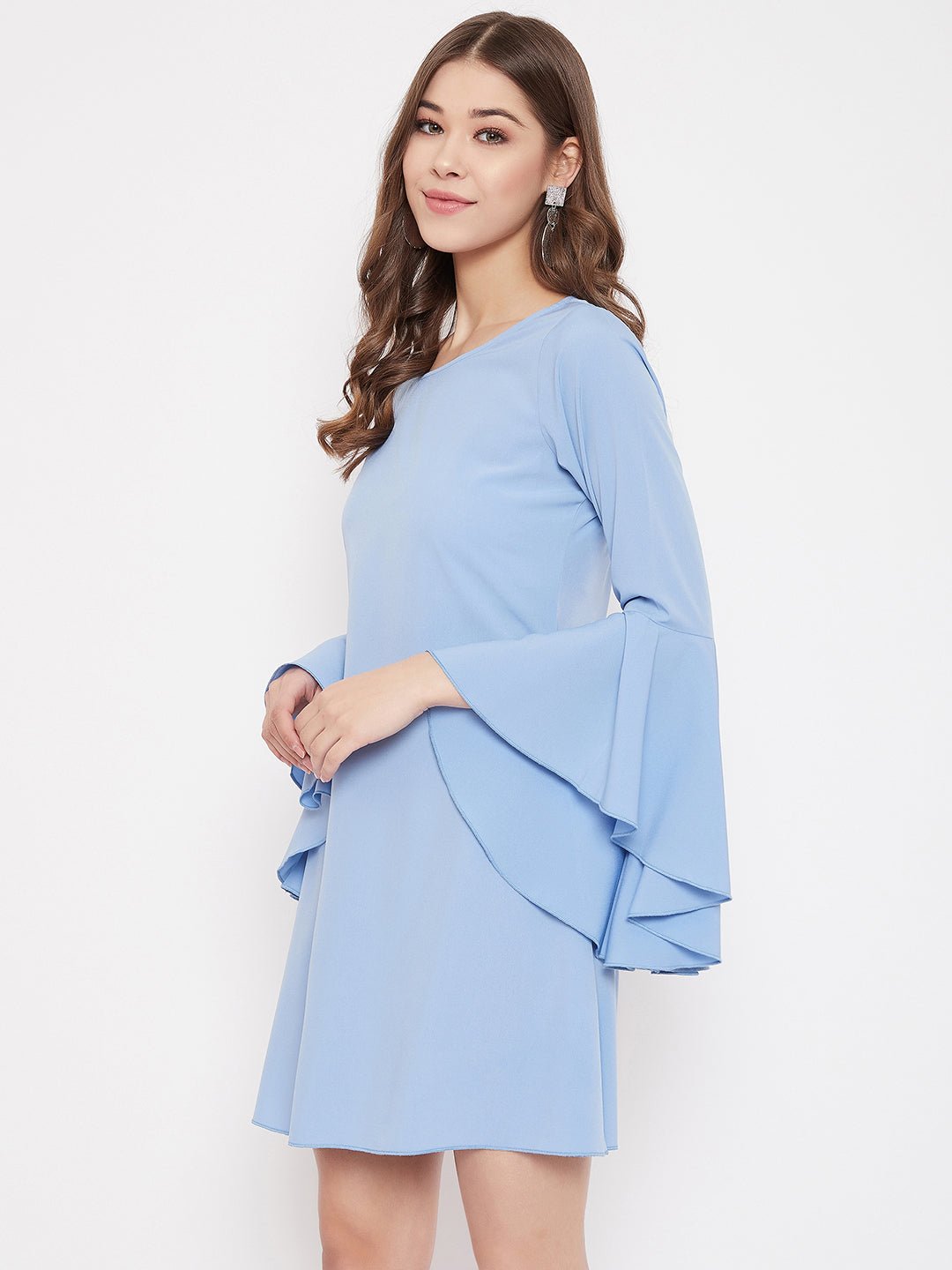Folk Republic Women Solid Blue Round Neck Bell Sleeve A-Line Mini Dress - #folk republic#