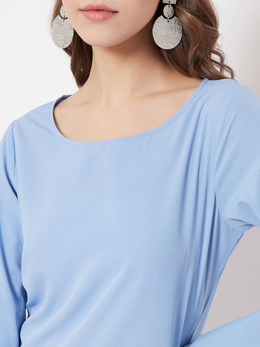 Folk Republic Women Solid Blue Round Neck Bell Sleeve A-Line Mini Dress - #folk republic#