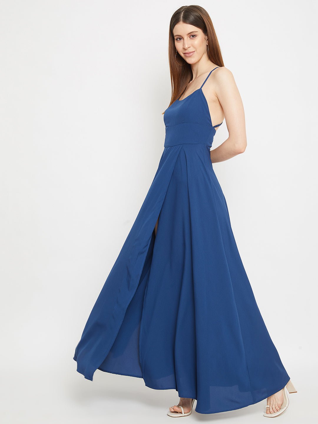 Folk Republic Women Solid Blue Shoulder Straps Backless Maxi Dress - #folk republic#