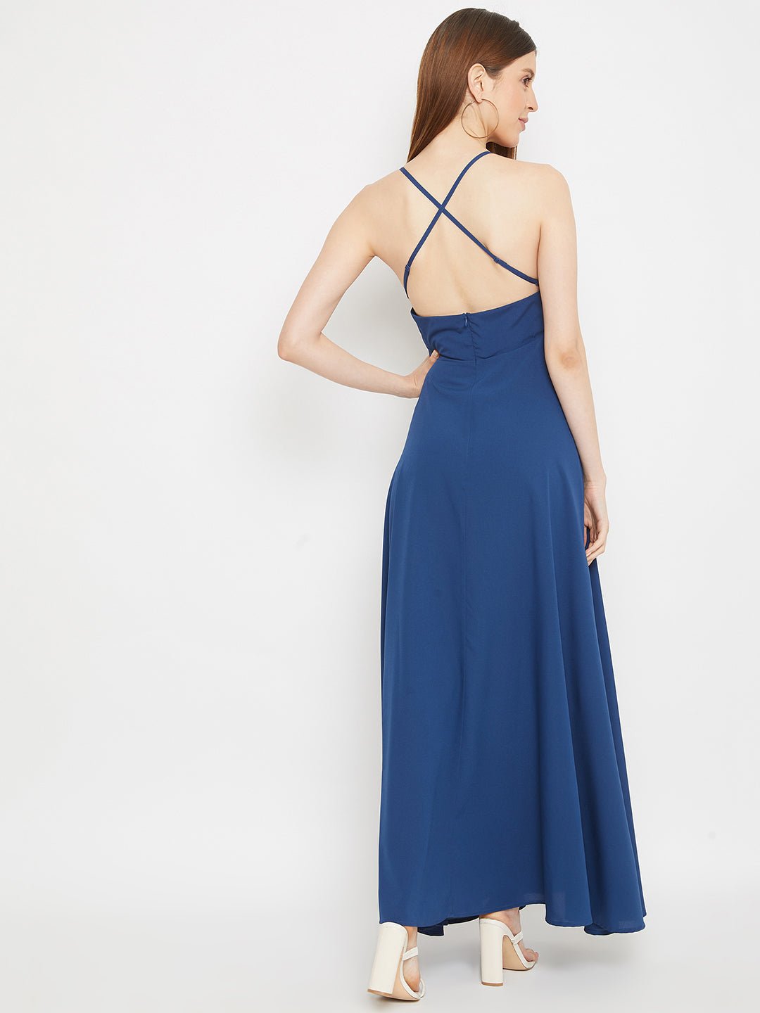 Folk Republic Women Solid Blue Shoulder Straps Backless Maxi Dress - #folk republic#