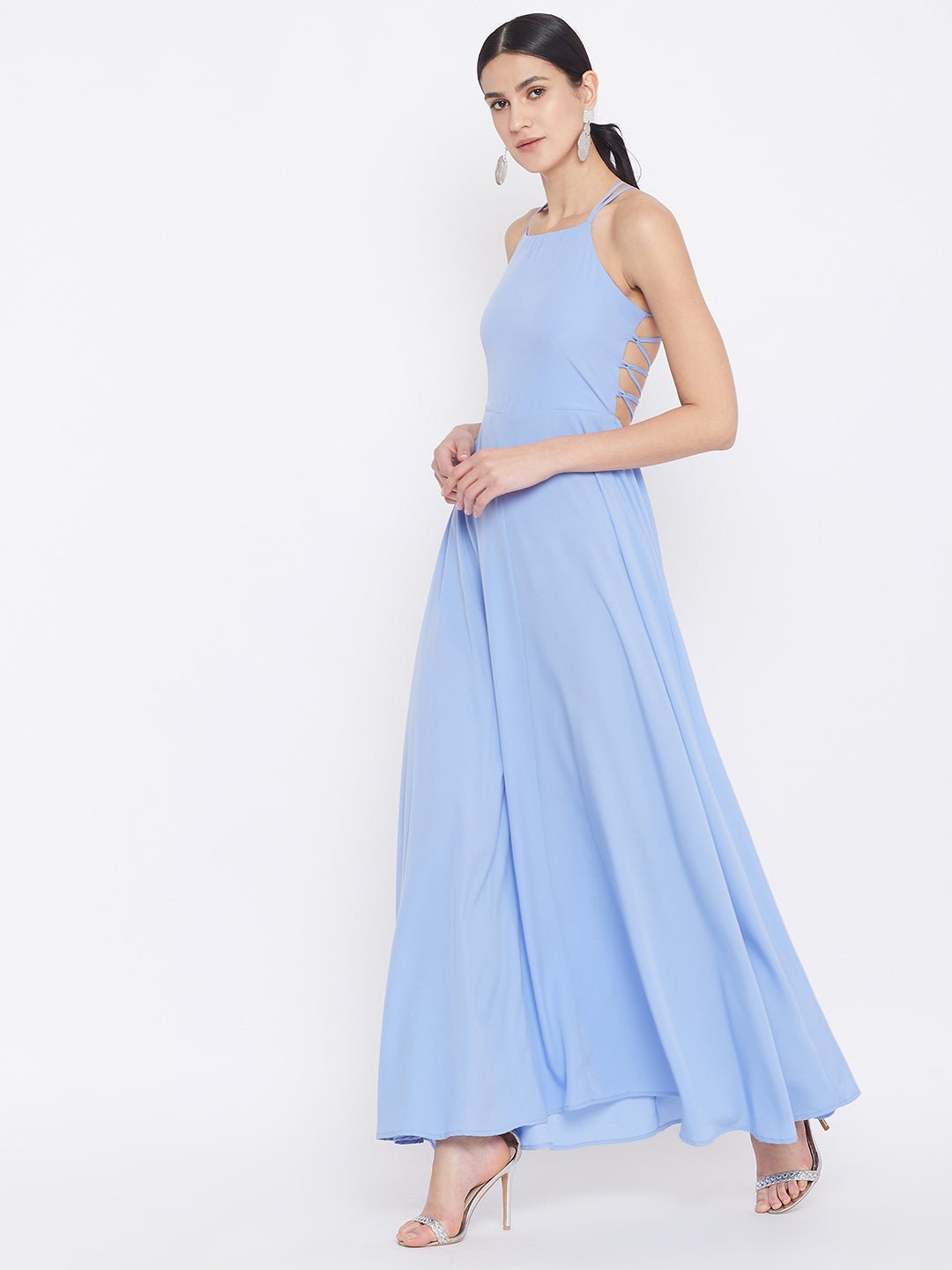 Folk Republic Women Solid Blue Square Neck Tie-Up Caged Back Flared Maxi Dress - #folk republic#