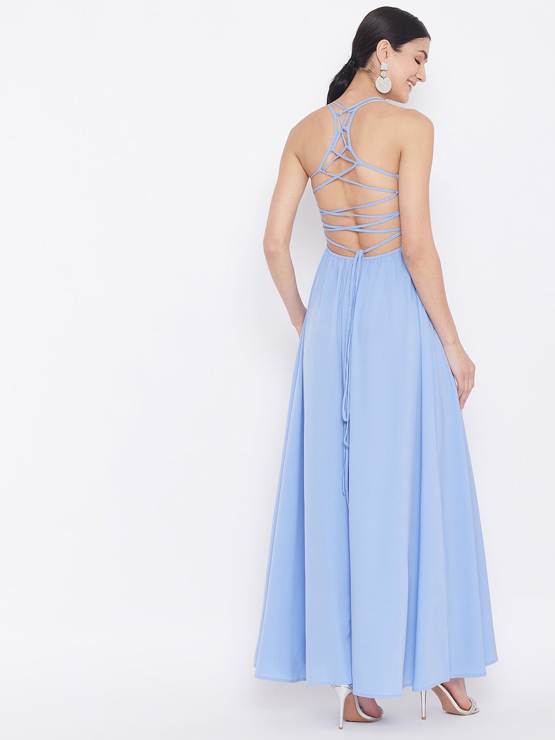 Folk Republic Women Solid Blue Square Neck Tie-Up Caged Back Flared Maxi Dress - #folk republic#