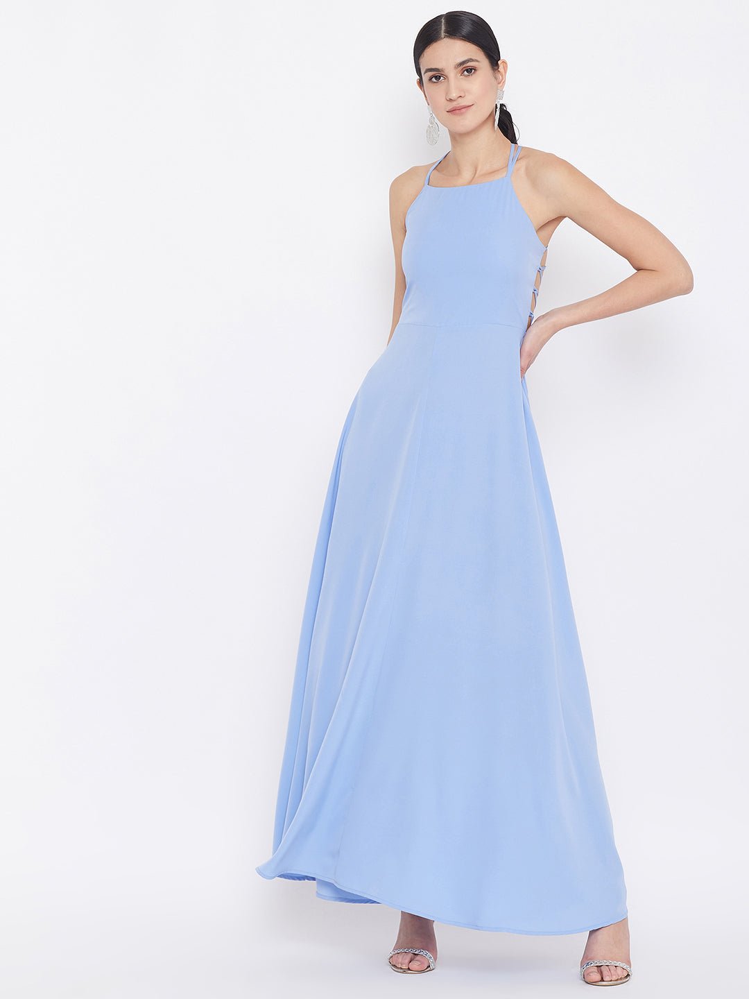 Folk Republic Women Solid Blue Square Neck Tie-Up Caged Back Flared Maxi Dress - #folk republic#