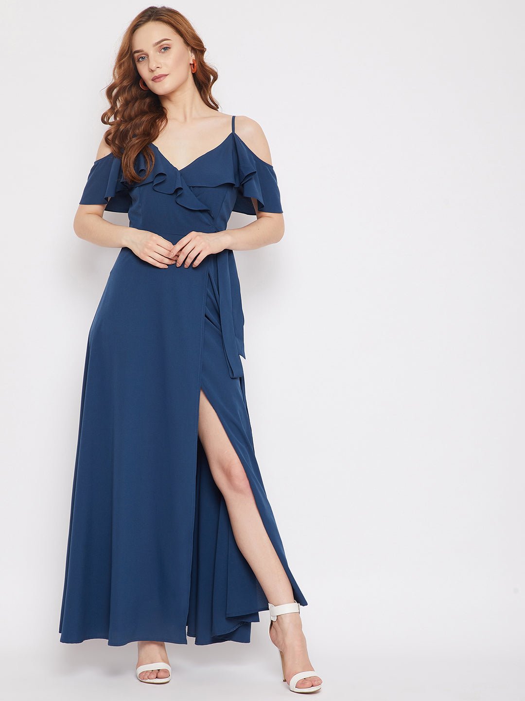 Folk Republic Women Solid Blue V-Neck Cold-Shoulder Thigh-High Slit Ruffled Maxi Dress - #folk republic#