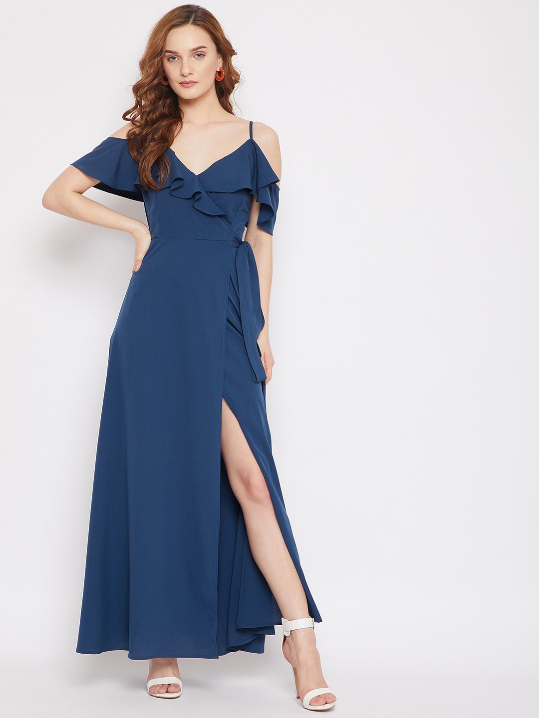 Folk Republic Women Solid Blue V-Neck Cold-Shoulder Thigh-High Slit Ruffled Maxi Dress - #folk republic#