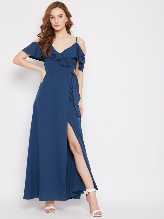 Folk Republic Women Solid Blue V-Neck Cold-Shoulder Thigh-High Slit Ruffled Maxi Dress - #folk republic#