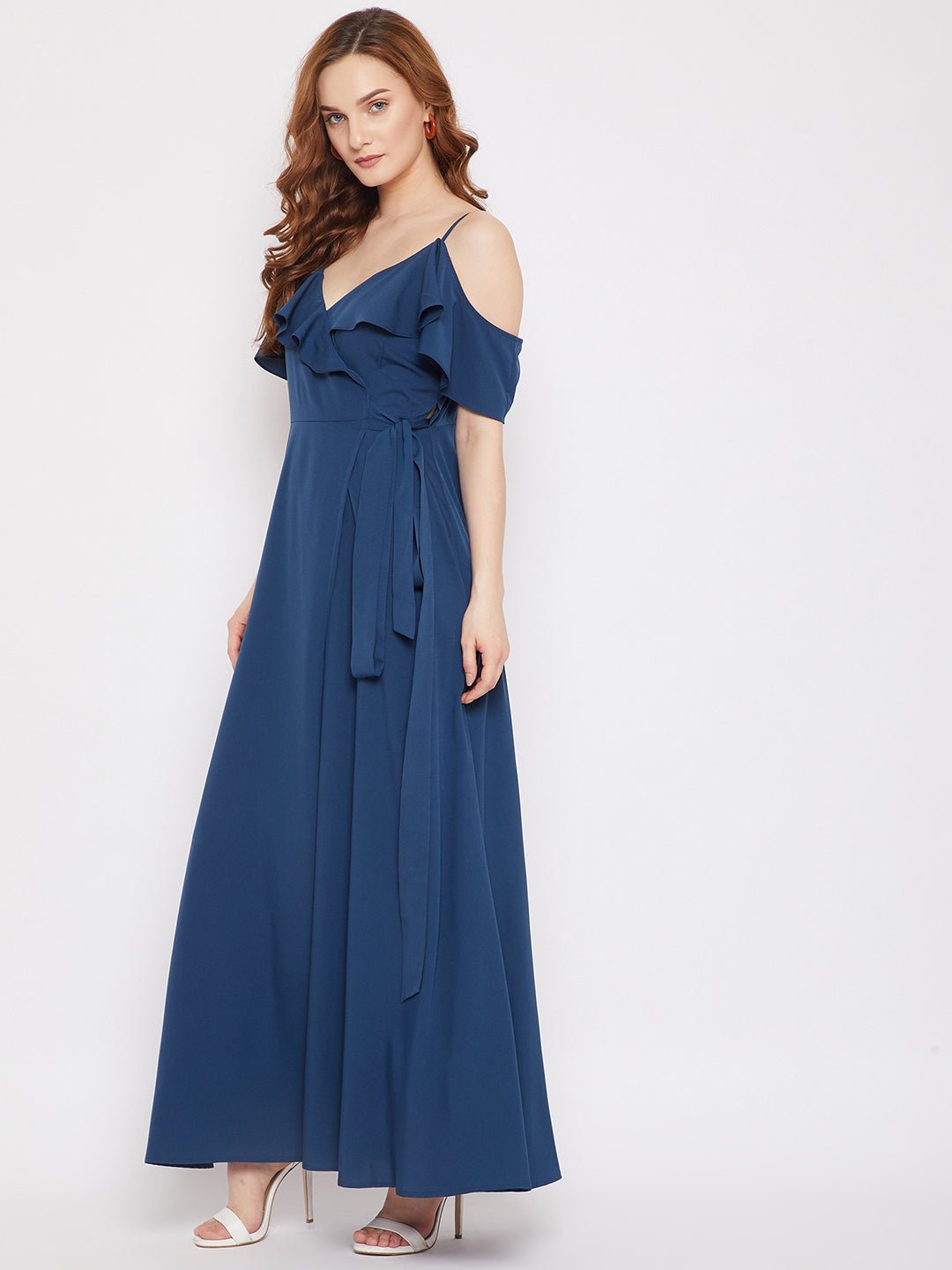 Folk Republic Women Solid Blue V-Neck Cold-Shoulder Thigh-High Slit Ruffled Maxi Dress - #folk republic#