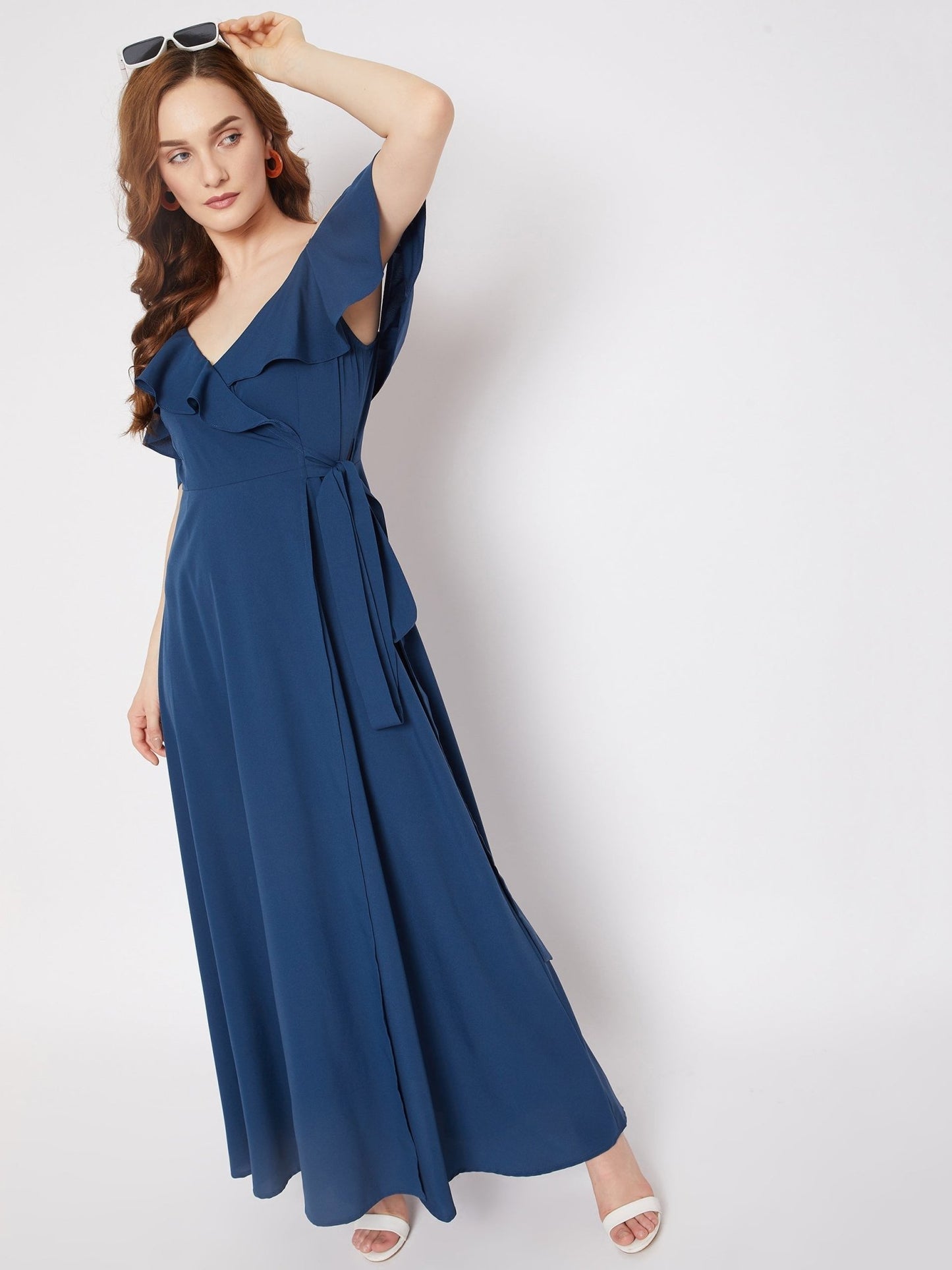 Folk Republic Women Solid Blue V-Neck Cold-Shoulder Thigh-High Slit Ruffled Maxi Dress - #folk republic#