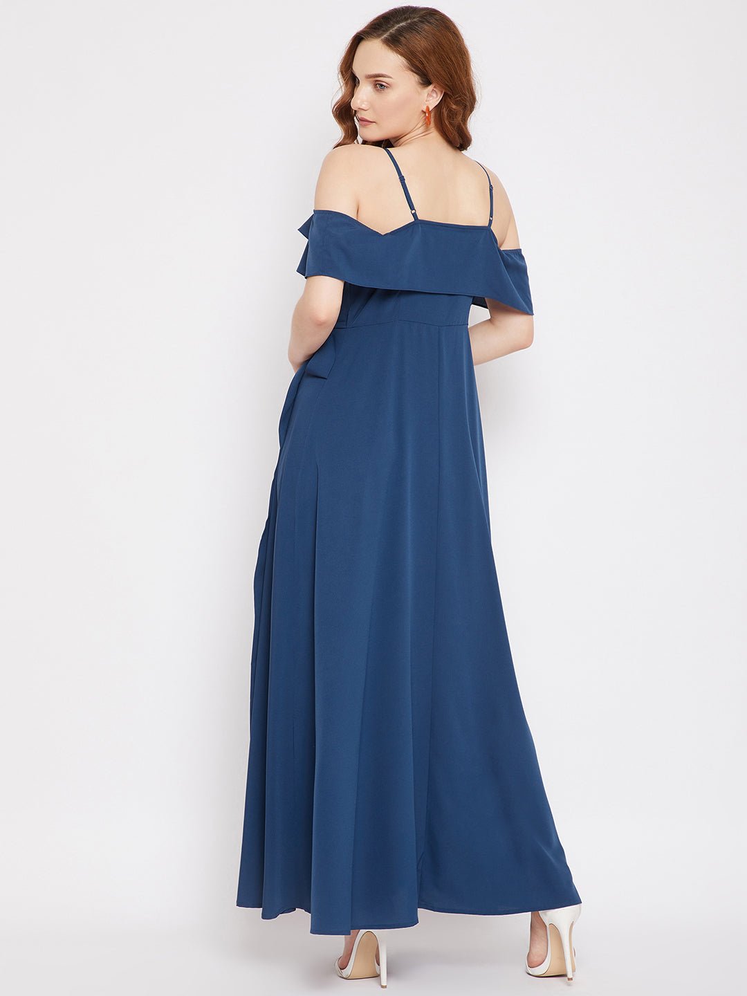 Folk Republic Women Solid Blue V-Neck Cold-Shoulder Thigh-High Slit Ruffled Maxi Dress - #folk republic#