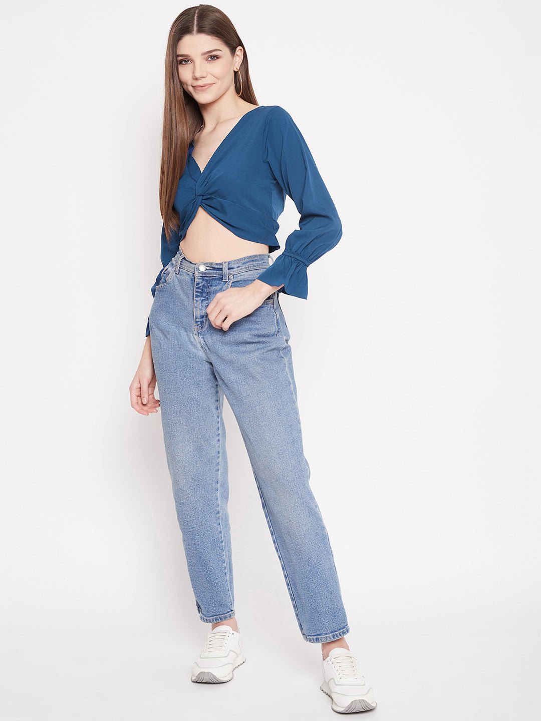 Folk Republic Women Solid Blue V-Neck Front Twisted Crop Top - #folk republic#